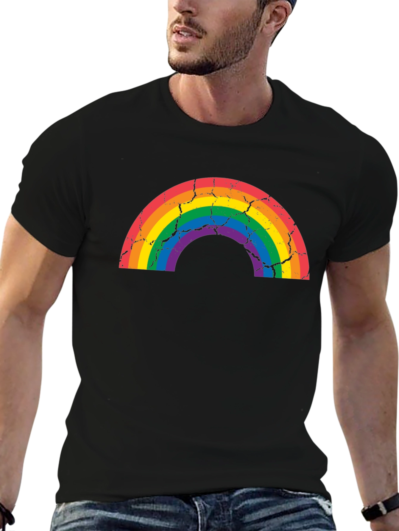 Distressed Rainbow Graphic T-Shirt - Black