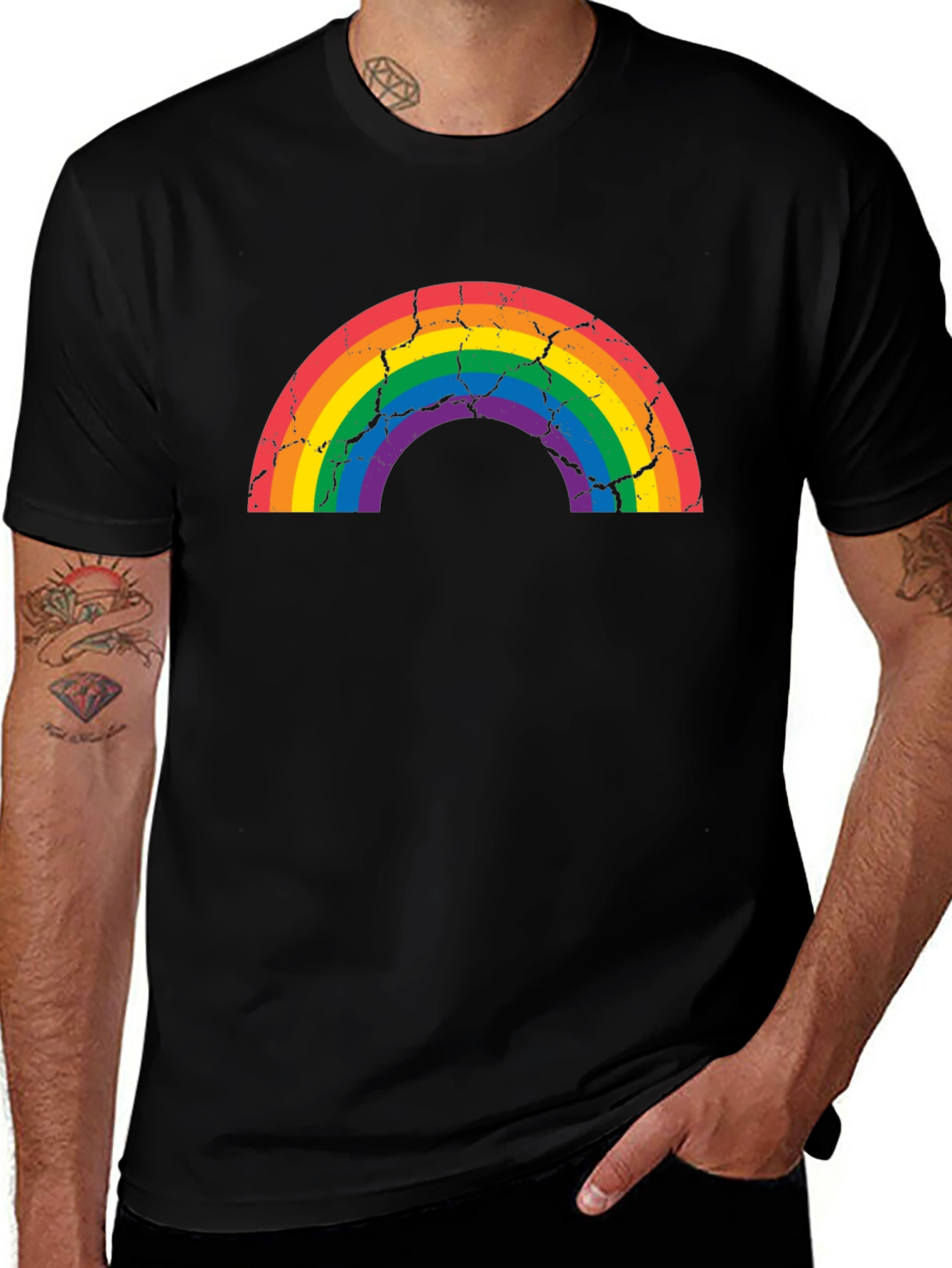 Distressed Rainbow Graphic T-Shirt - Black