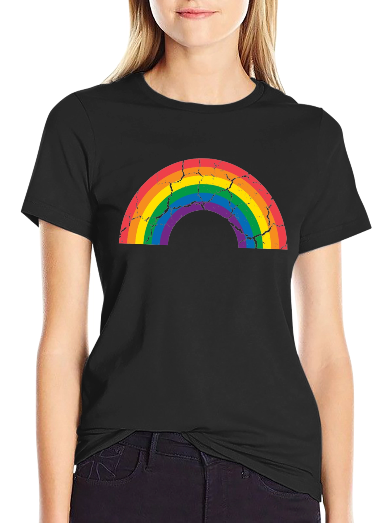Distressed Rainbow Graphic T-Shirt - Black