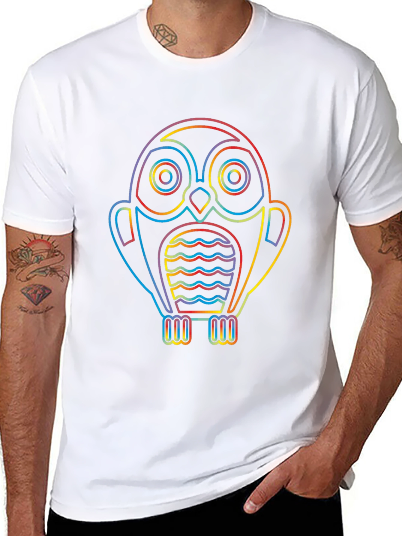 Rainbow Owl Graphic Tee - Stylish Mens Black T-Shirt
