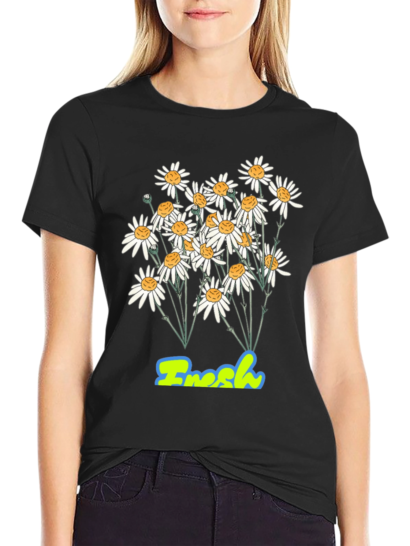 Fresh Daisy Graphic Print Black T-Shirt
