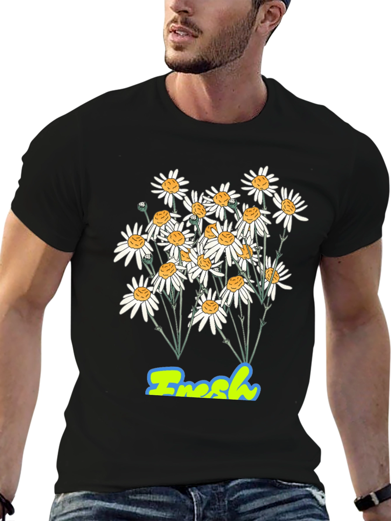 Fresh Daisy Graphic Print Black T-Shirt