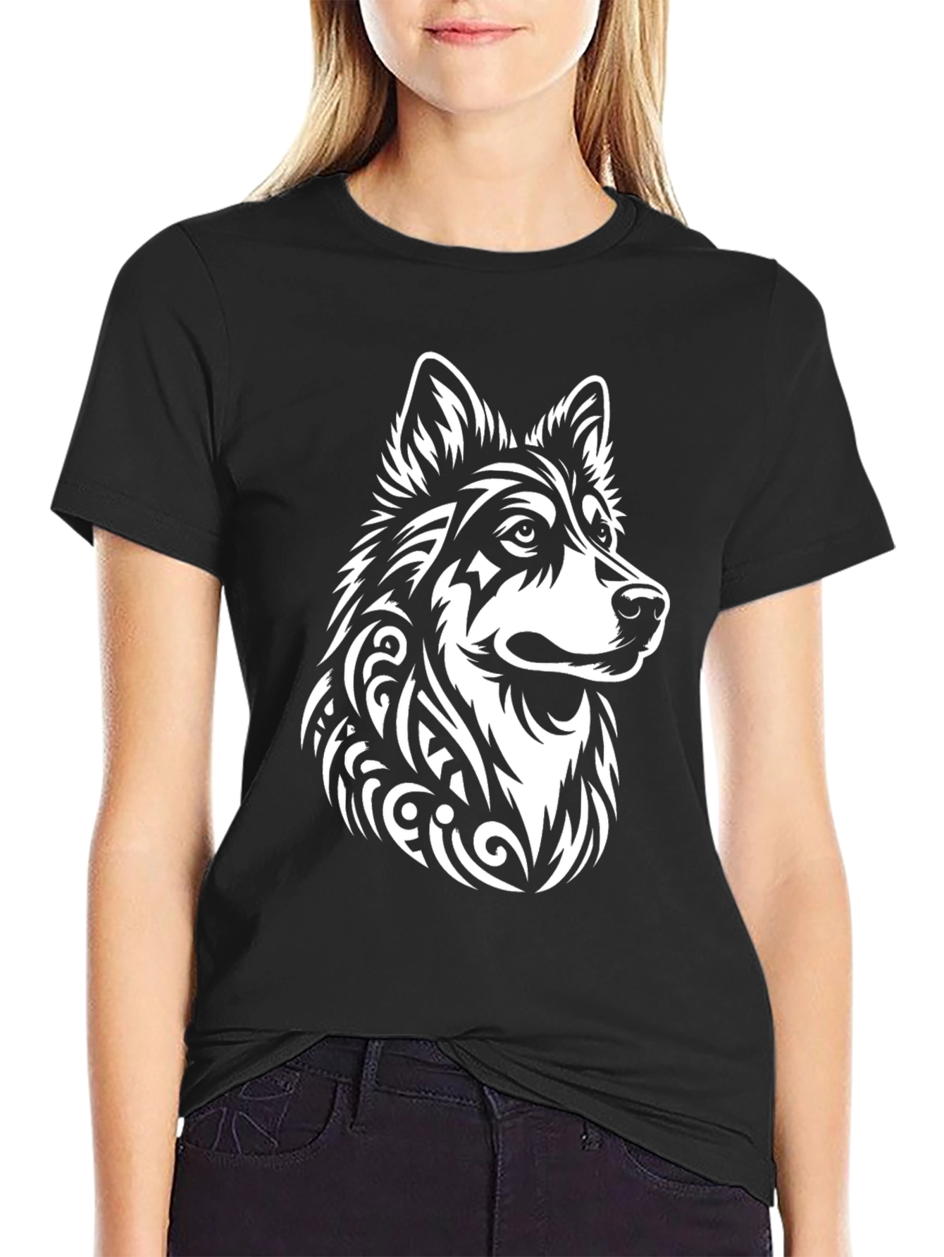 Tribal Wolf Graphic Black Tee