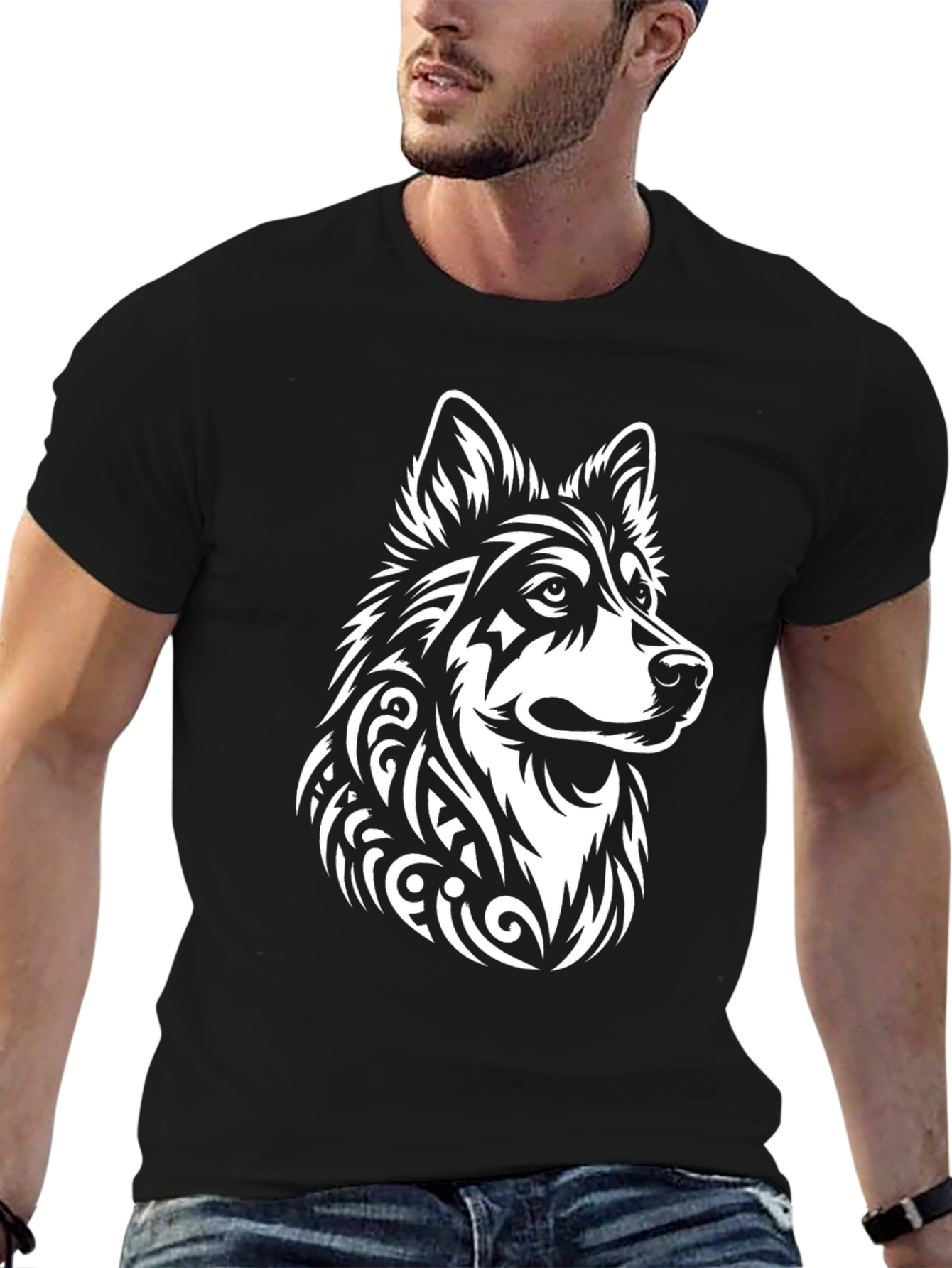 Tribal Wolf Graphic Black Tee