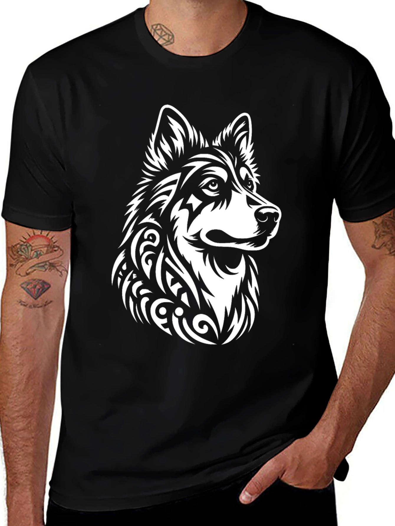 Tribal Wolf Graphic Black Tee