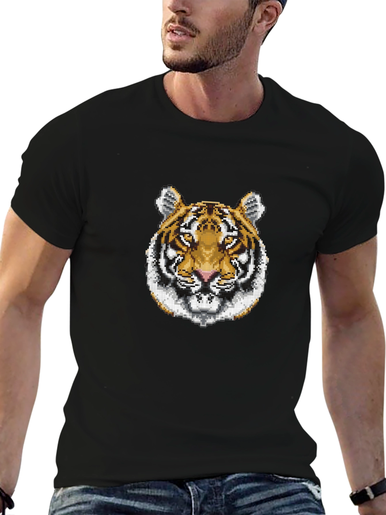 Pixelated Tiger Graphic Tee - Black Cotton Shirt
