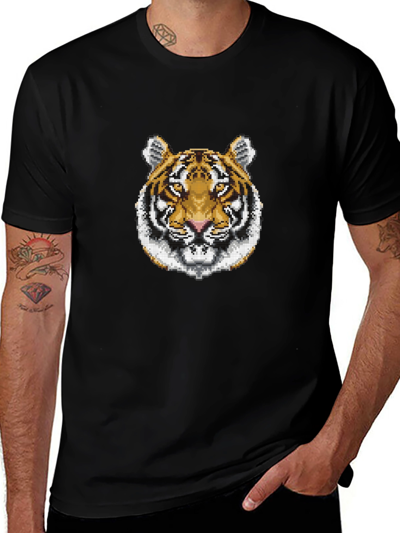 Pixelated Tiger Graphic Tee - Black Cotton Shirt