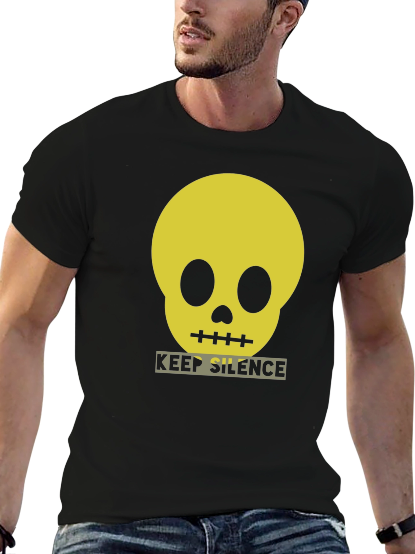 Keep Silence Skull Graphic Tee - Modern Black T-Shirt