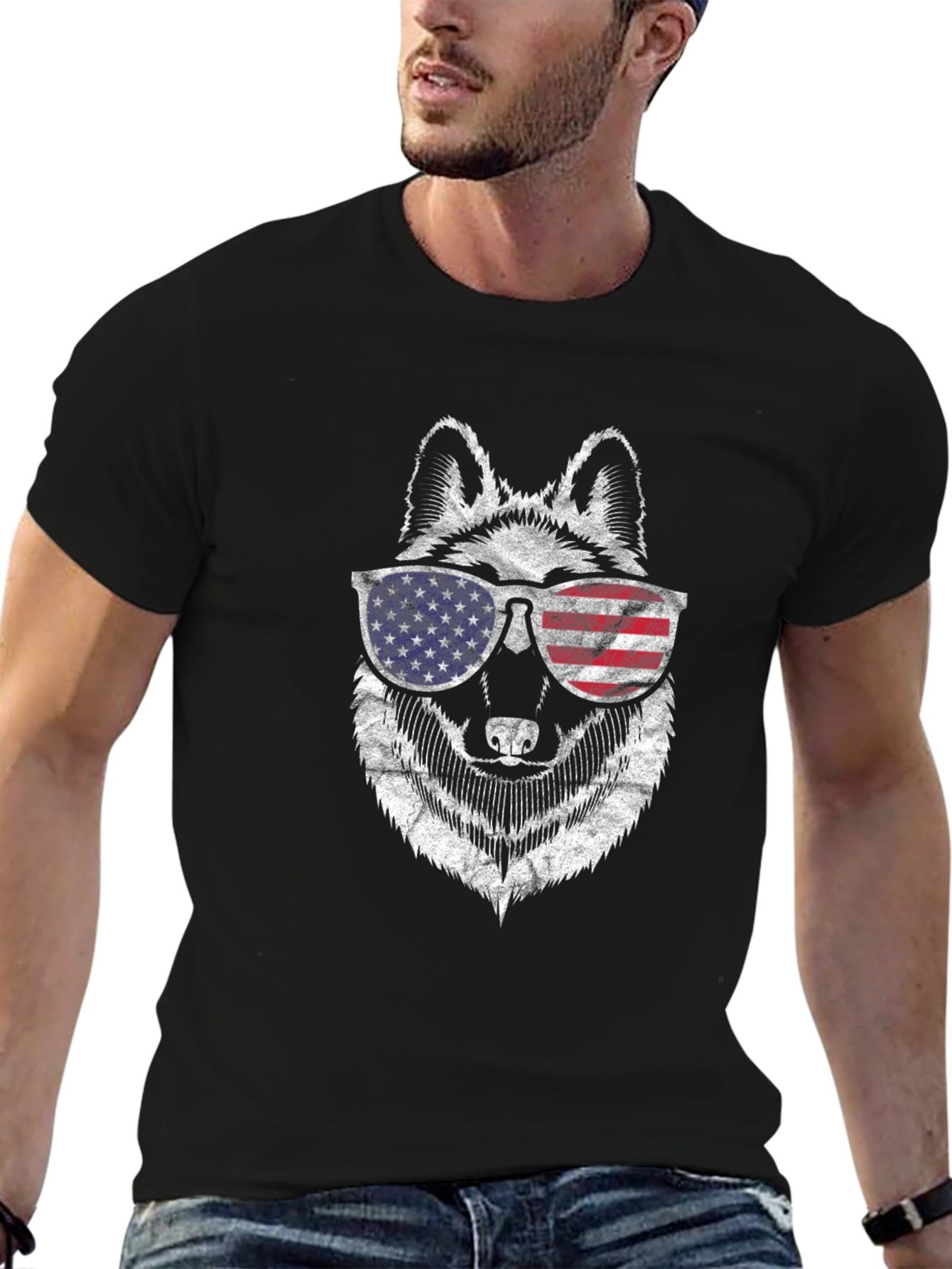 Patriotic Wolf Graphic Tee - USA Flag Sunglasses