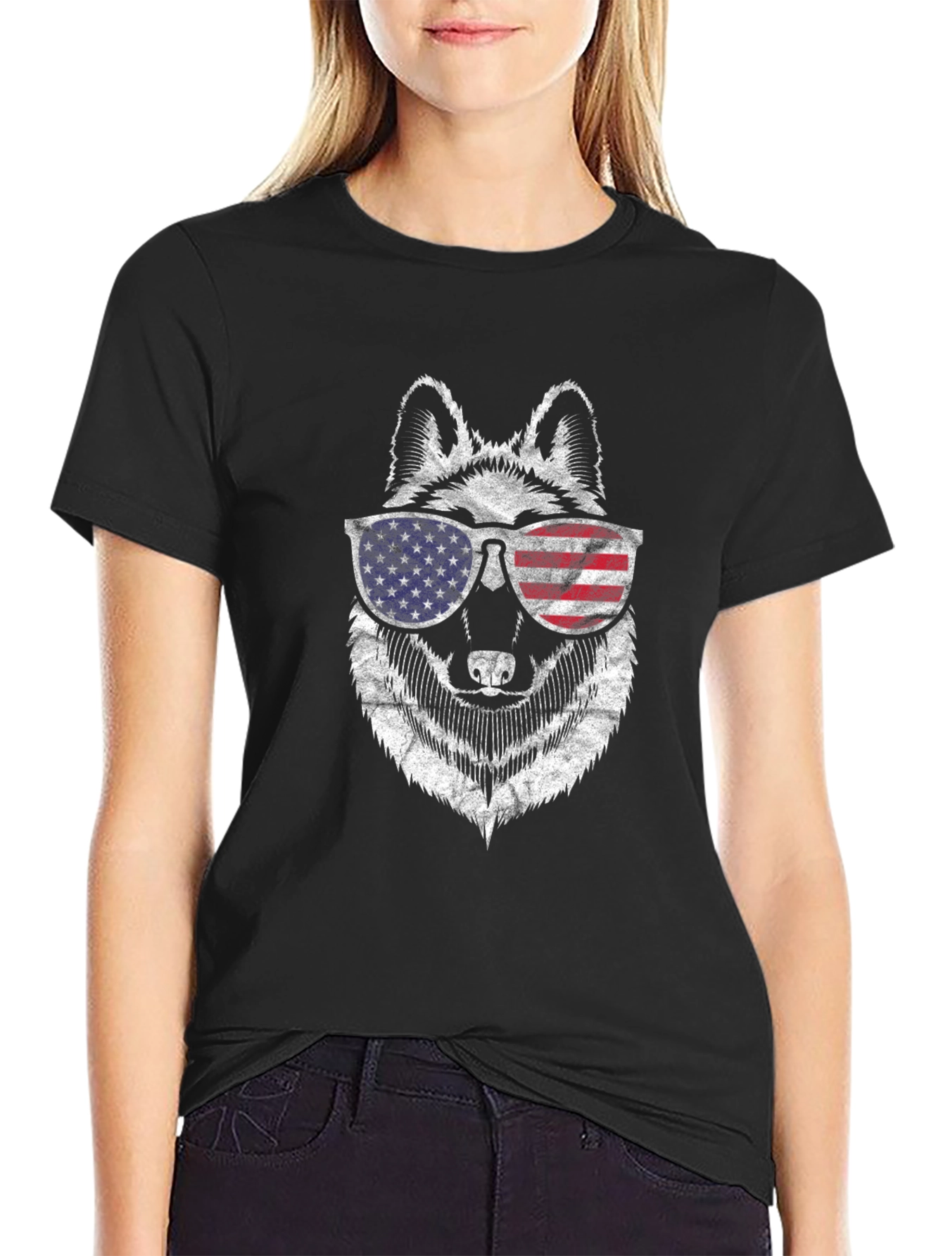 Patriotic Wolf Graphic Tee - USA Flag Sunglasses