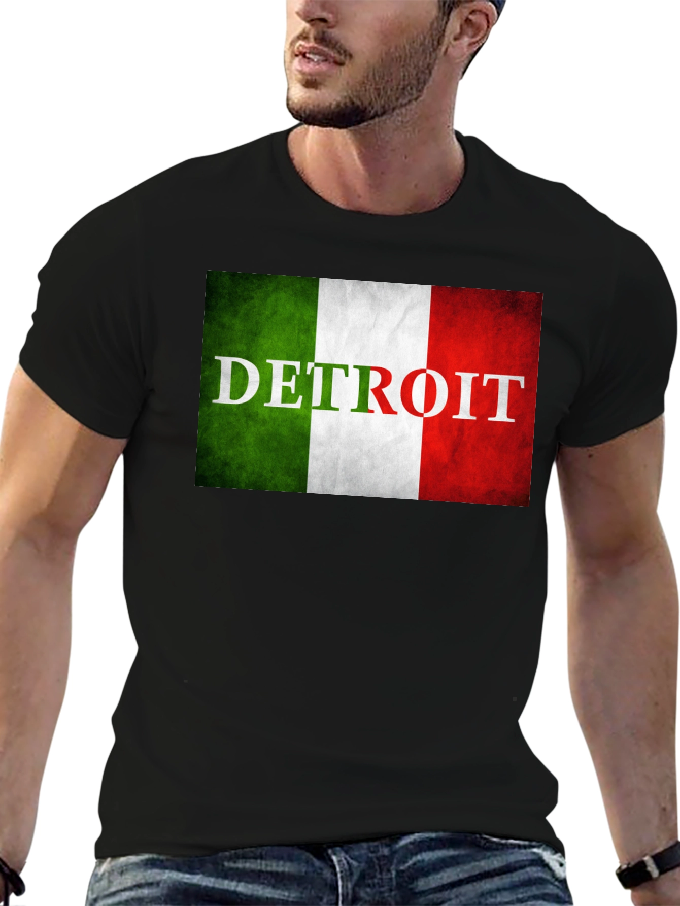Detroit Italian Flag T-Shirt - Black Crew Neck Tee
