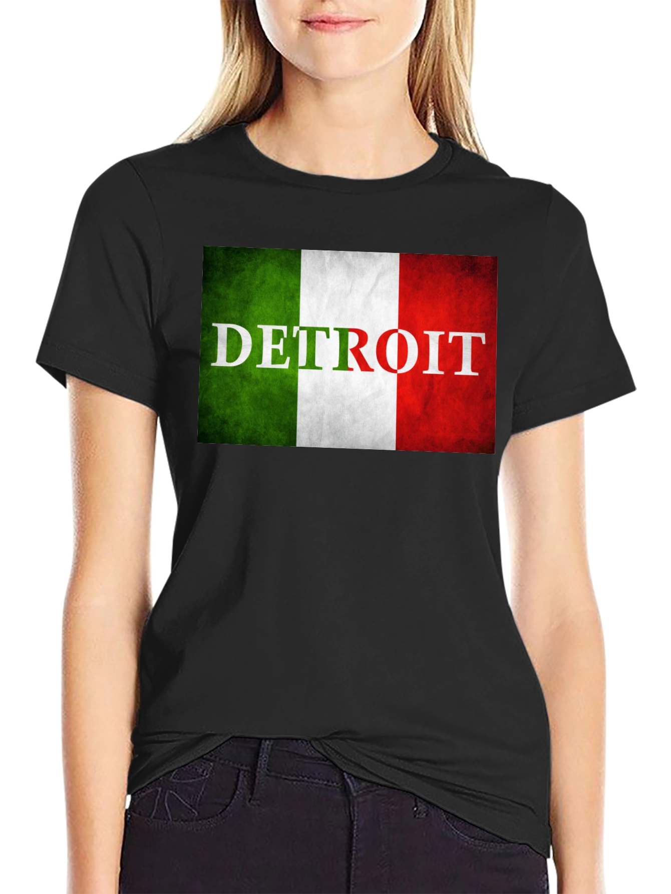 Detroit Italian Flag T-Shirt - Black Crew Neck Tee