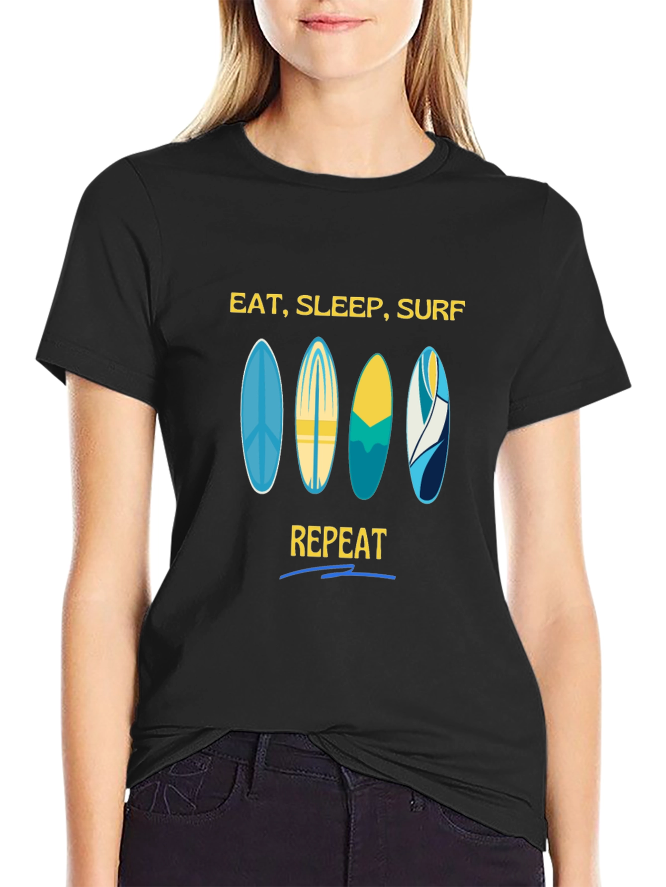 Eat Sleep Surf Repeat Black Graphic Tee