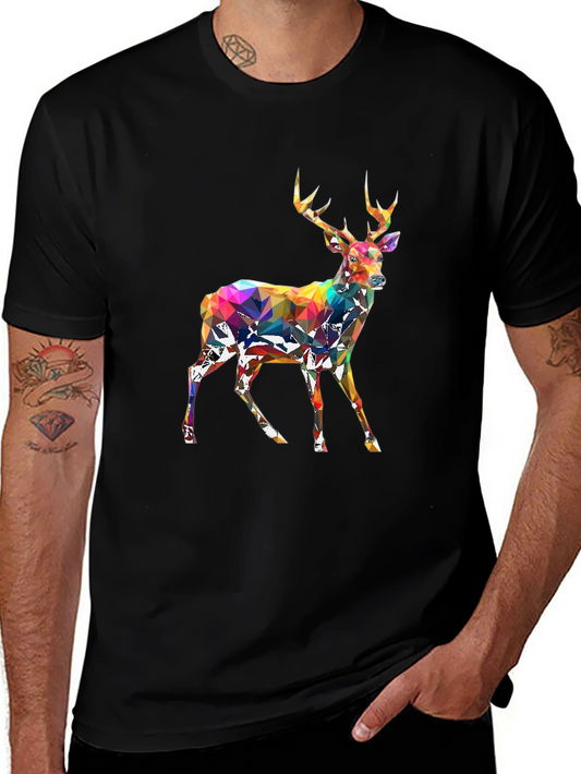 Geometric Deer Graphic Tee - Black Cotton Blend