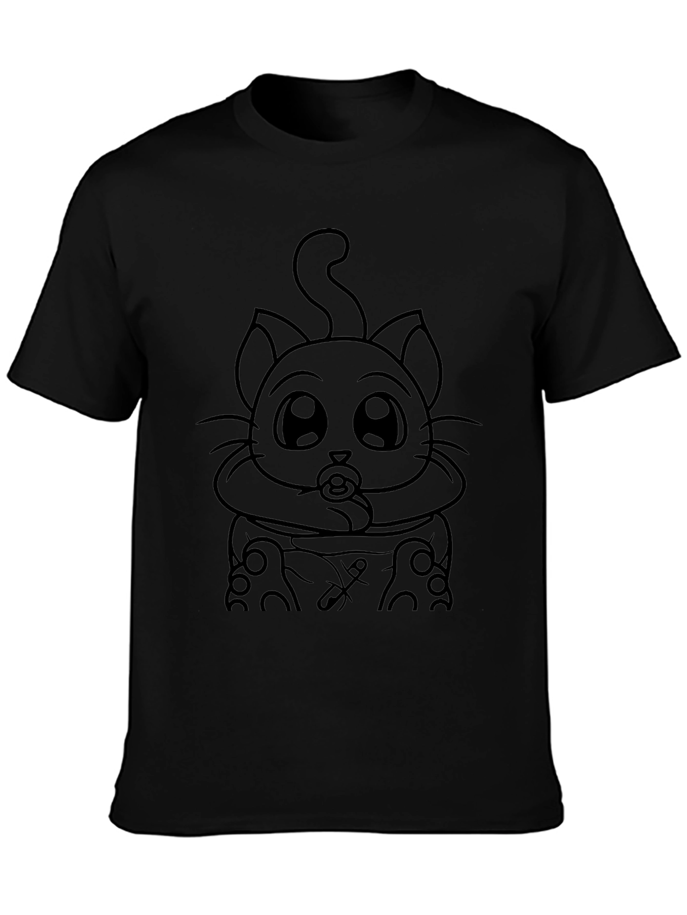 Cute Cartoon Cat on Black Unisex T-Shirt