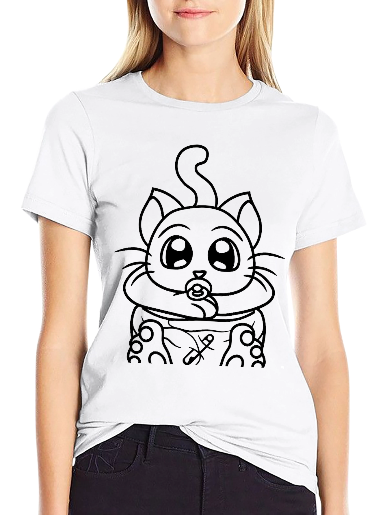 Cute Cartoon Cat on Black Unisex T-Shirt