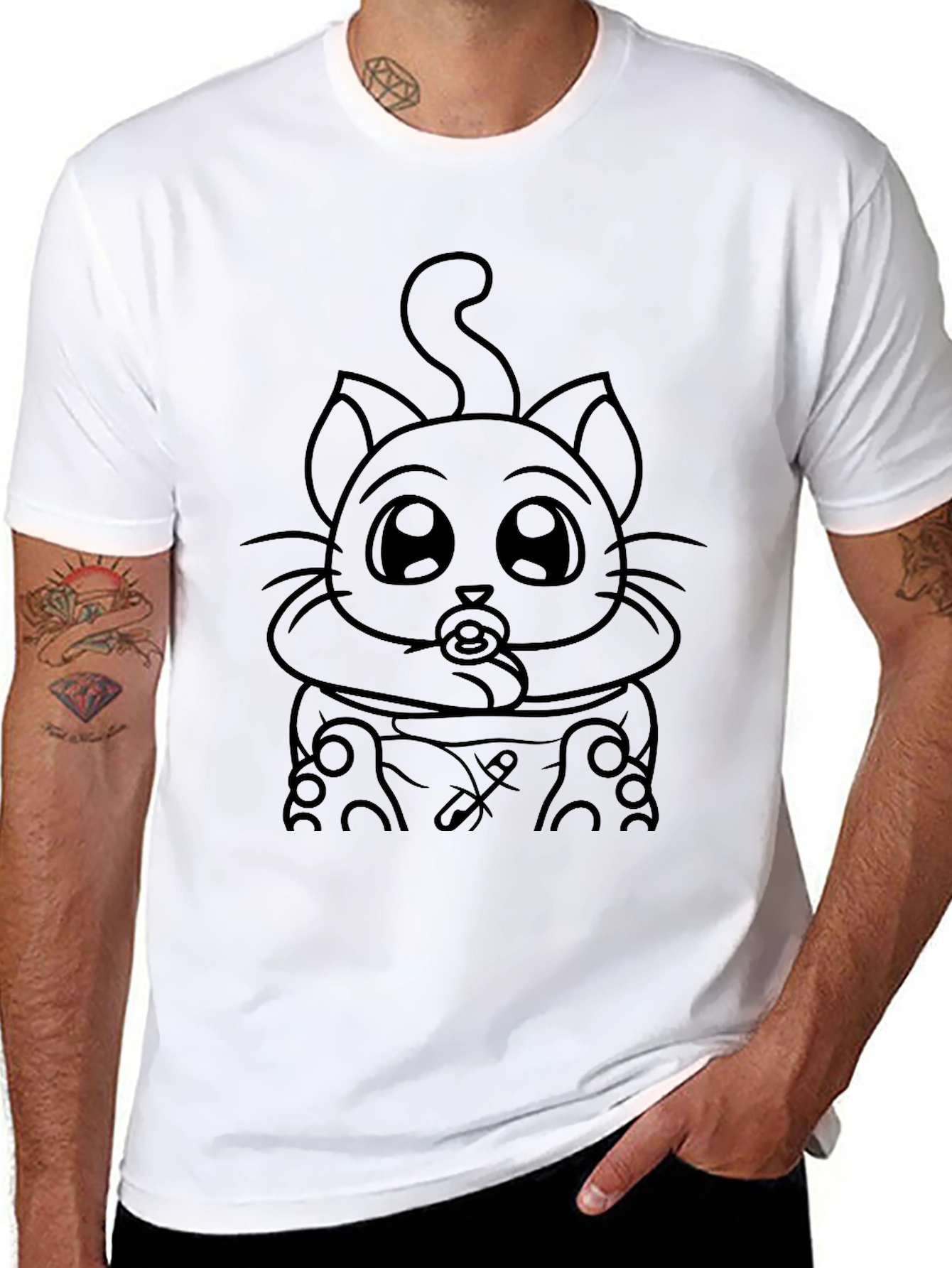 Cute Cartoon Cat on Black Unisex T-Shirt