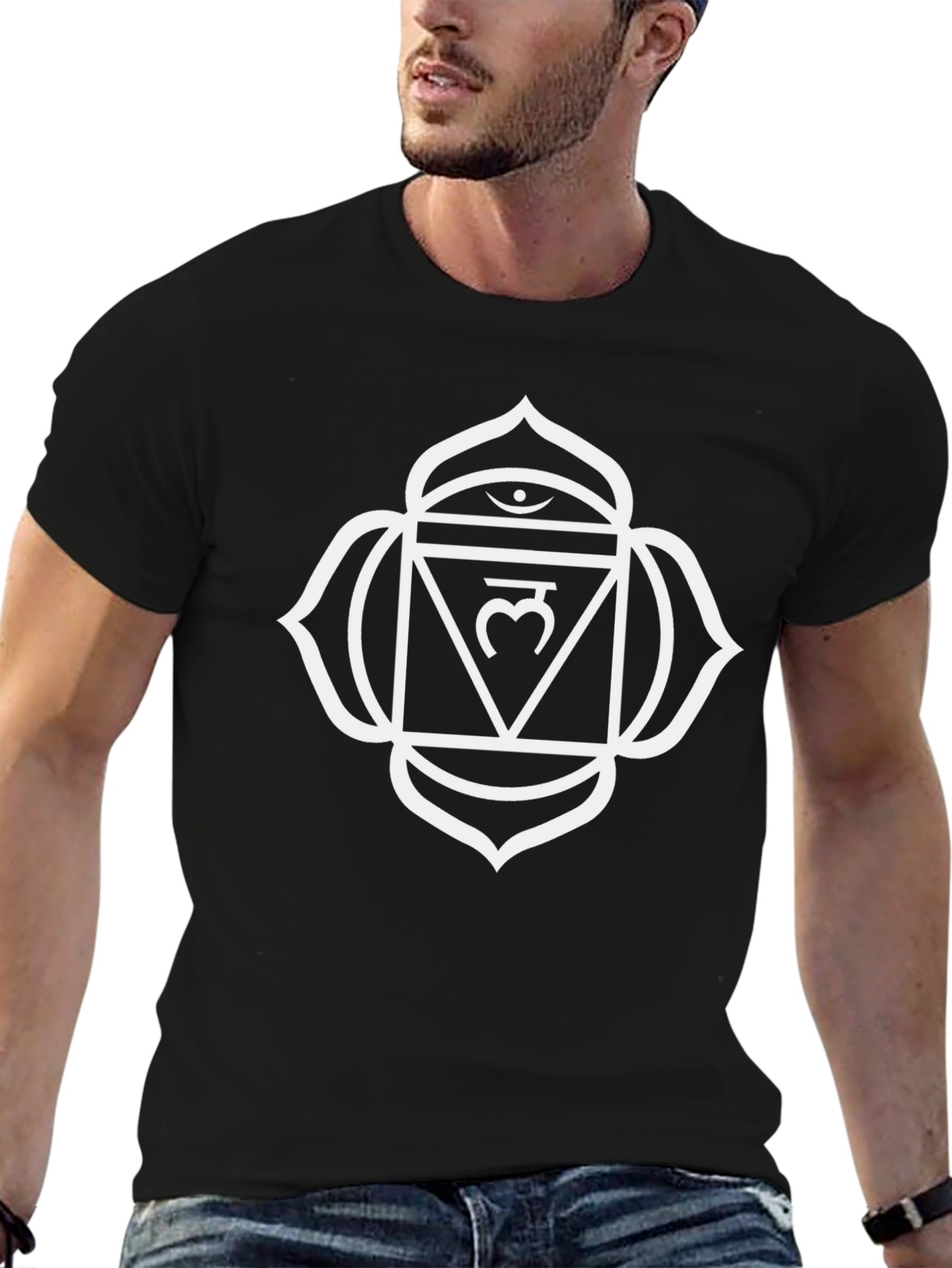 Black T-Shirt with White Visuddha Chakra Design