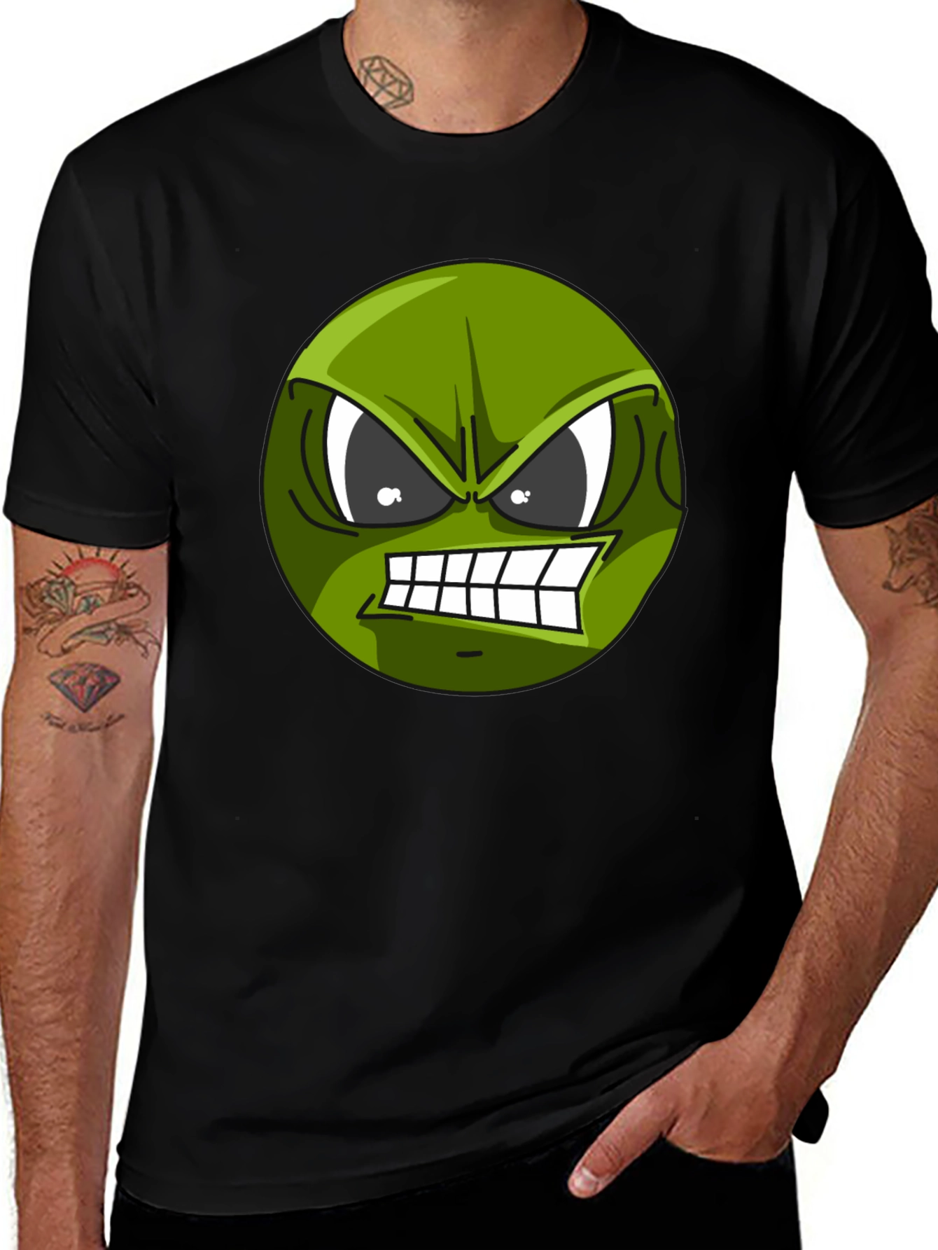 Angry Green Emoji Graphic Tee - Black T-Shirt