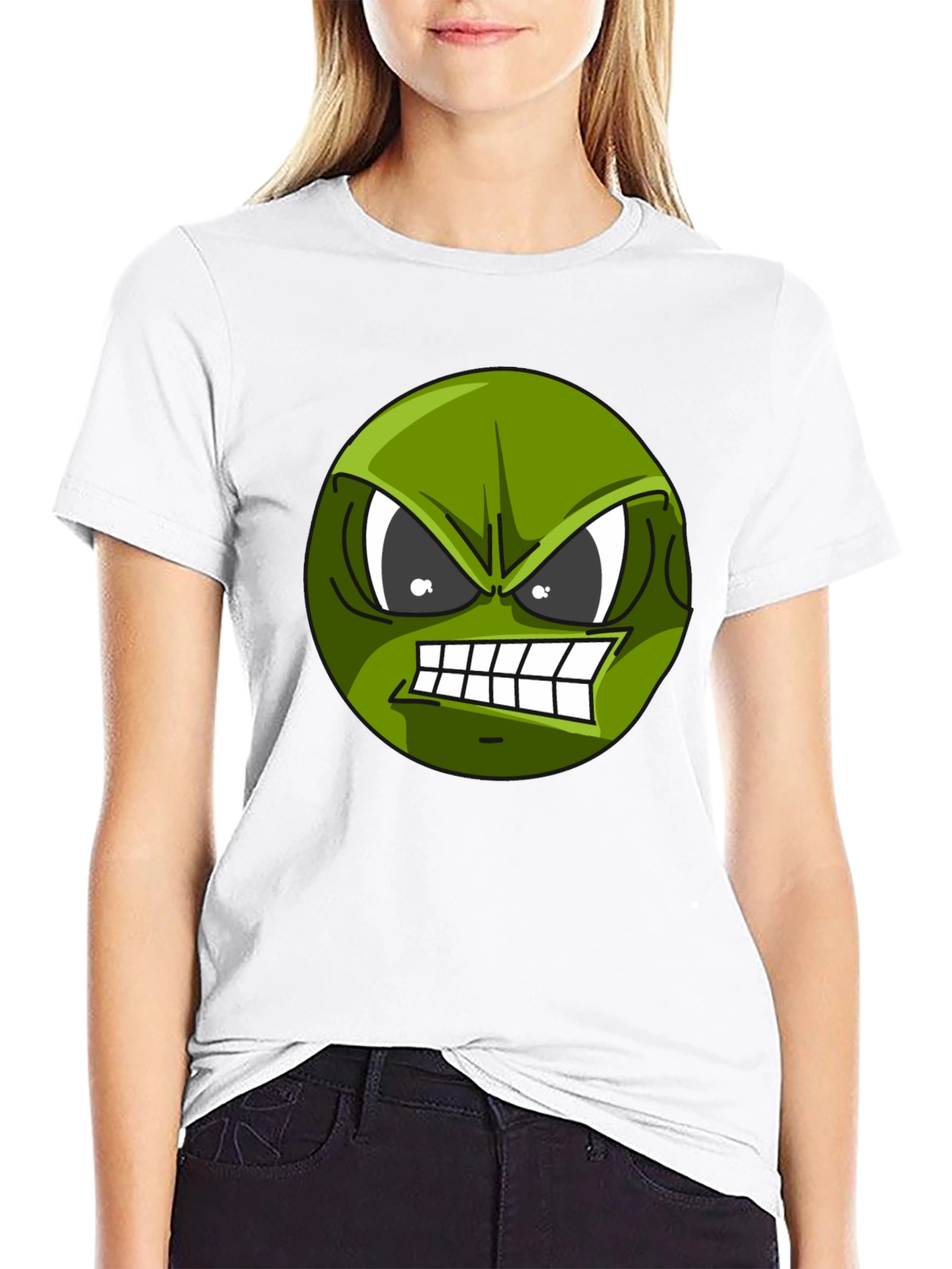 Angry Green Emoji Graphic Tee - Black T-Shirt