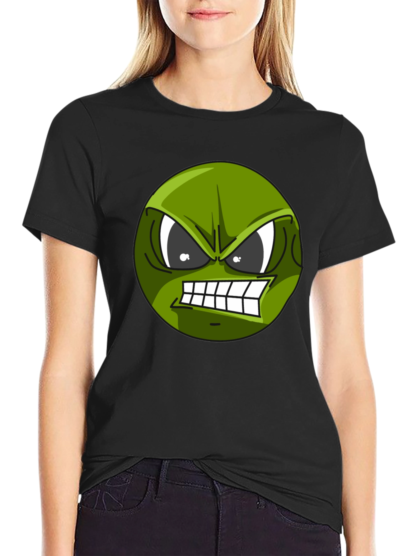 Angry Green Emoji Graphic Tee - Black T-Shirt