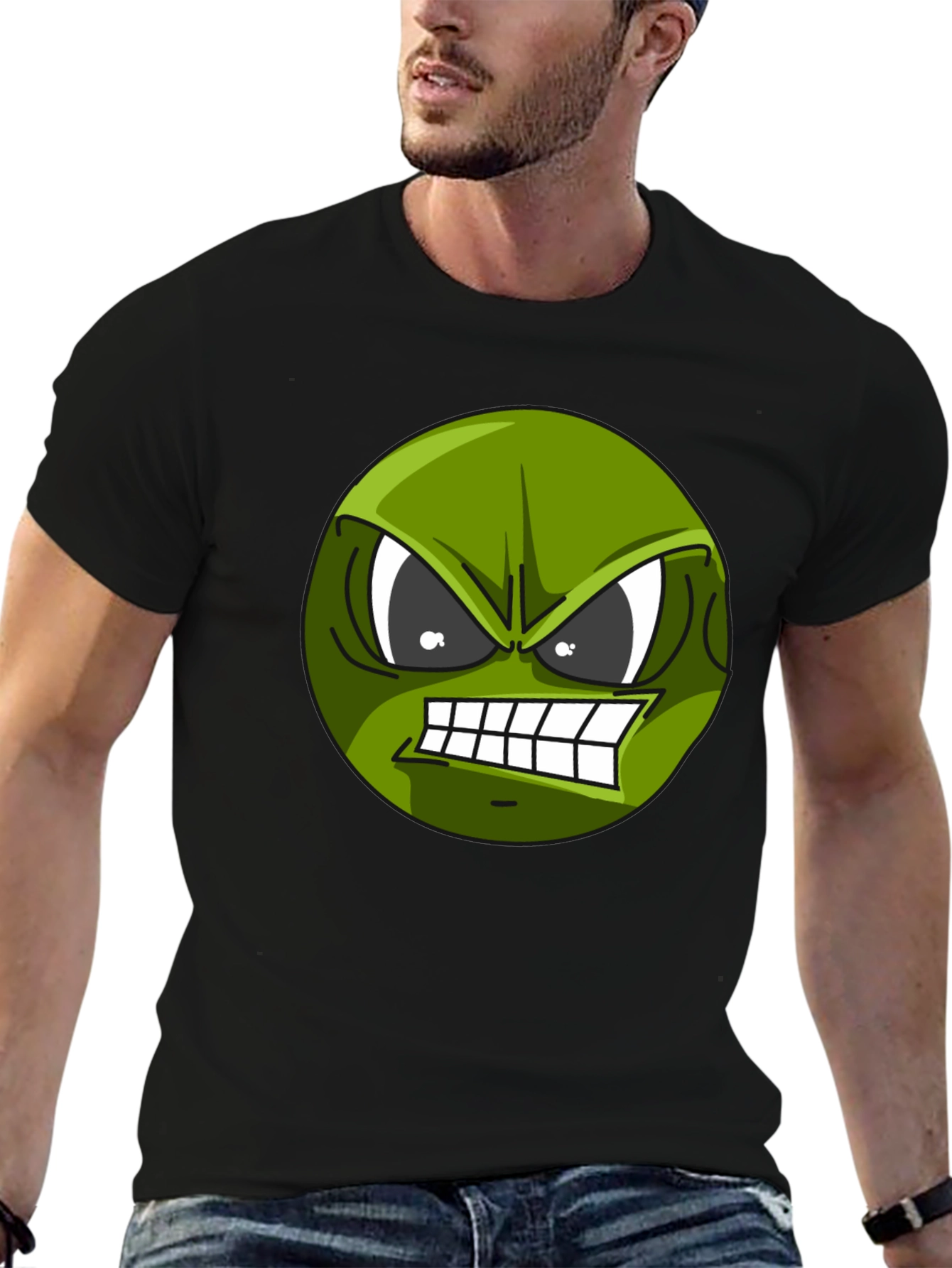 Angry Green Emoji Graphic Tee - Black T-Shirt
