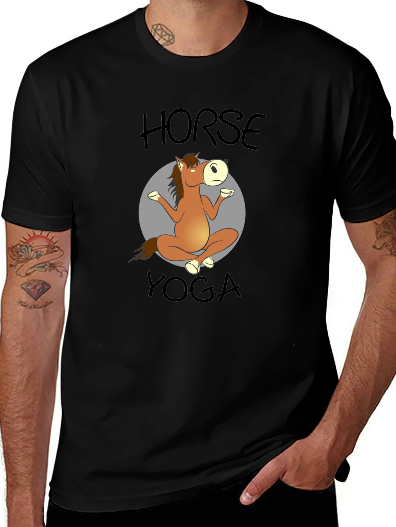 Horse Yoga Cartoon Black T-Shirt