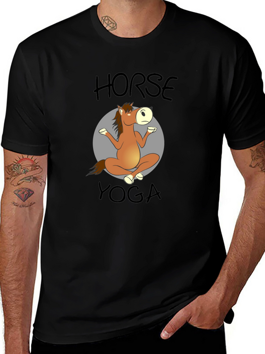 Horse Yoga Cartoon Black T-Shirt