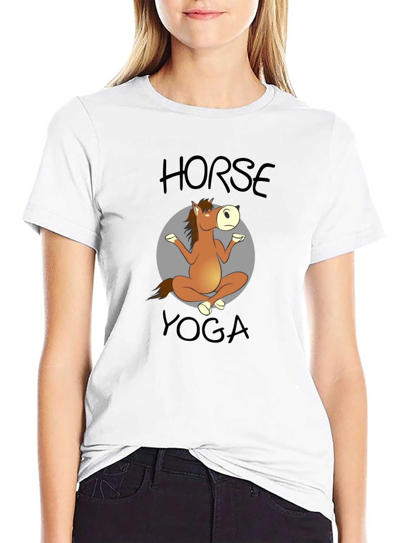 Horse Yoga Cartoon Black T-Shirt