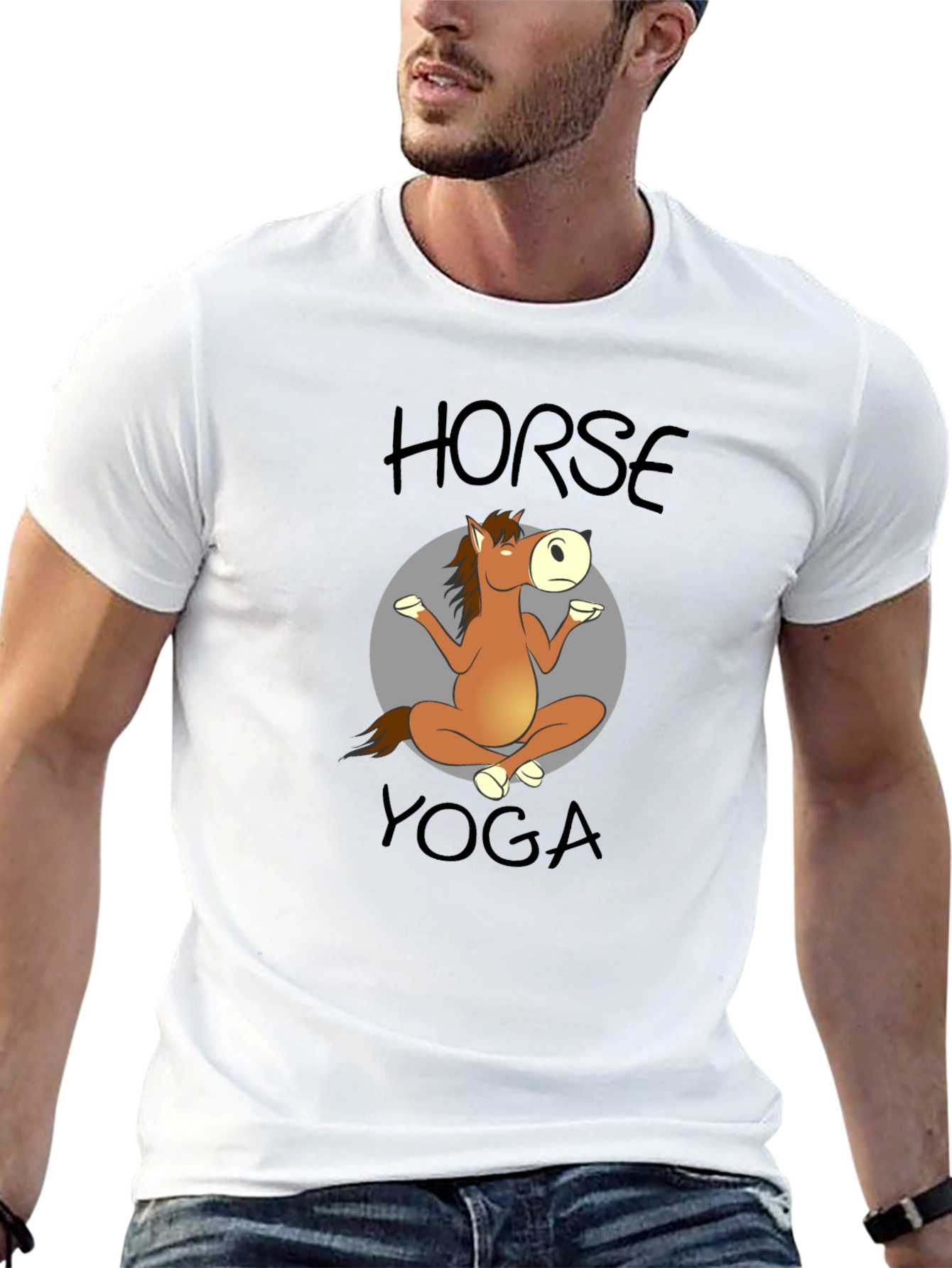 Horse Yoga Cartoon Black T-Shirt