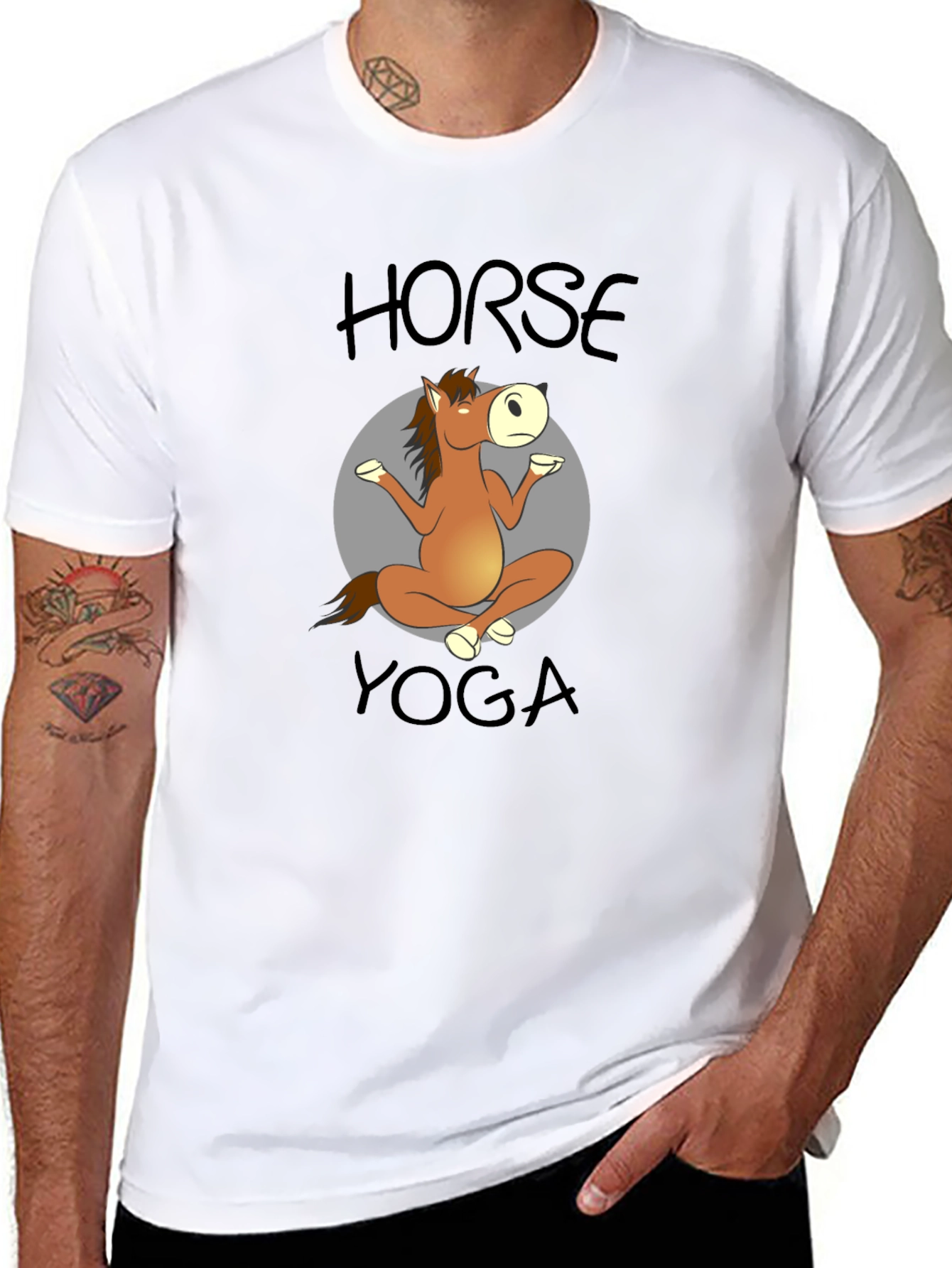 Horse Yoga Cartoon Black T-Shirt