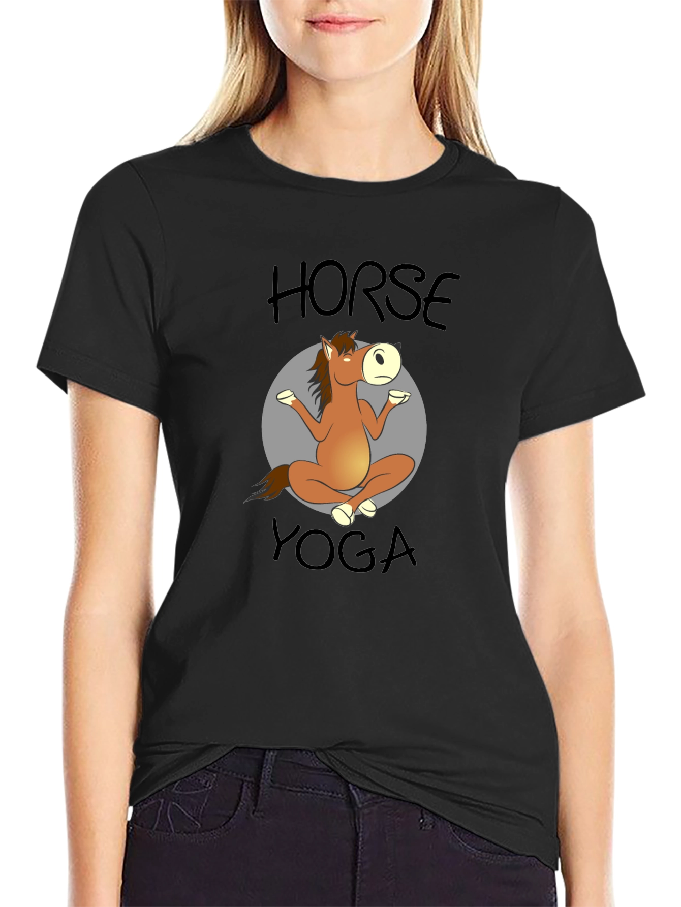 Horse Yoga Cartoon Black T-Shirt