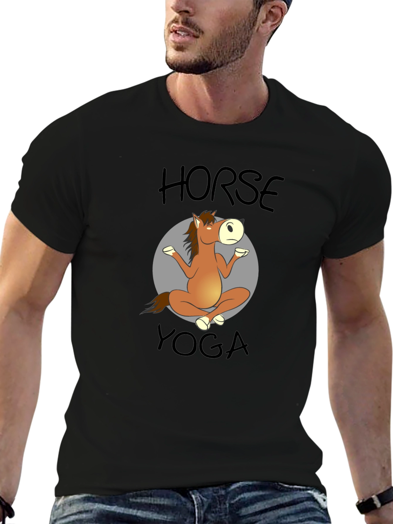 Horse Yoga Cartoon Black T-Shirt