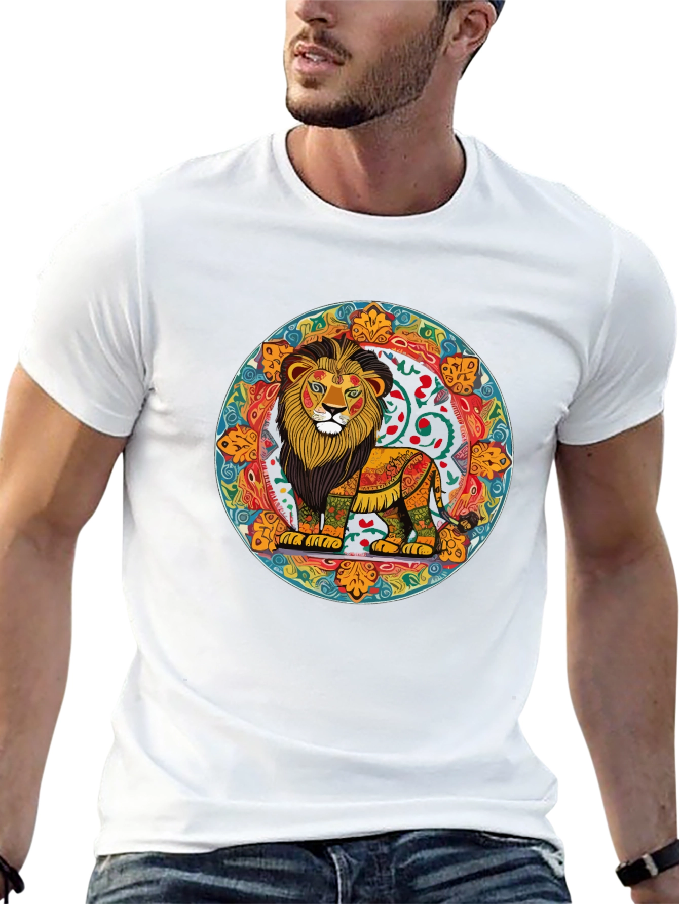 Vibrant Lion Mandala Graphic Tee - Stylish Mens Shirt