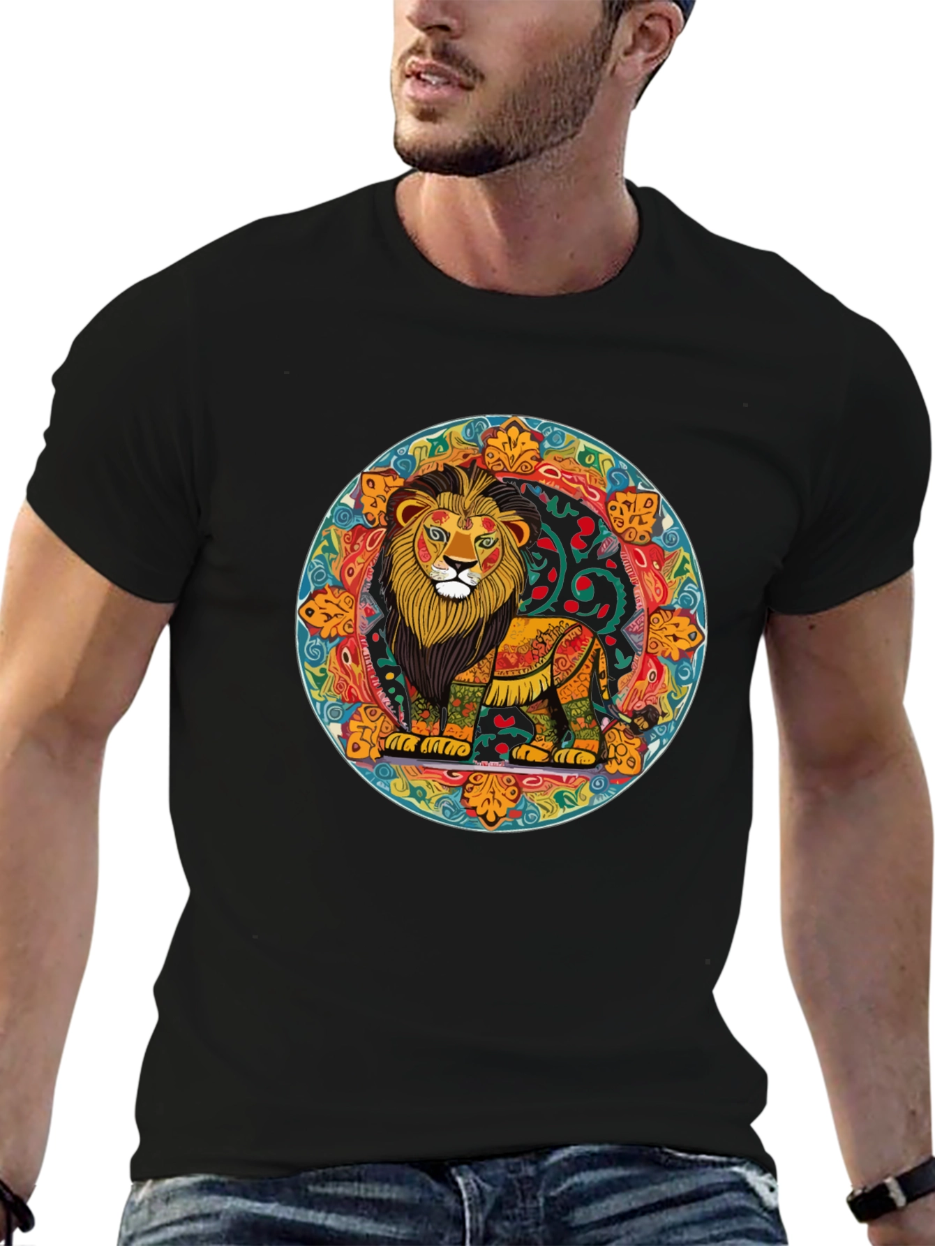 Vibrant Lion Mandala Graphic Tee - Stylish Mens Shirt