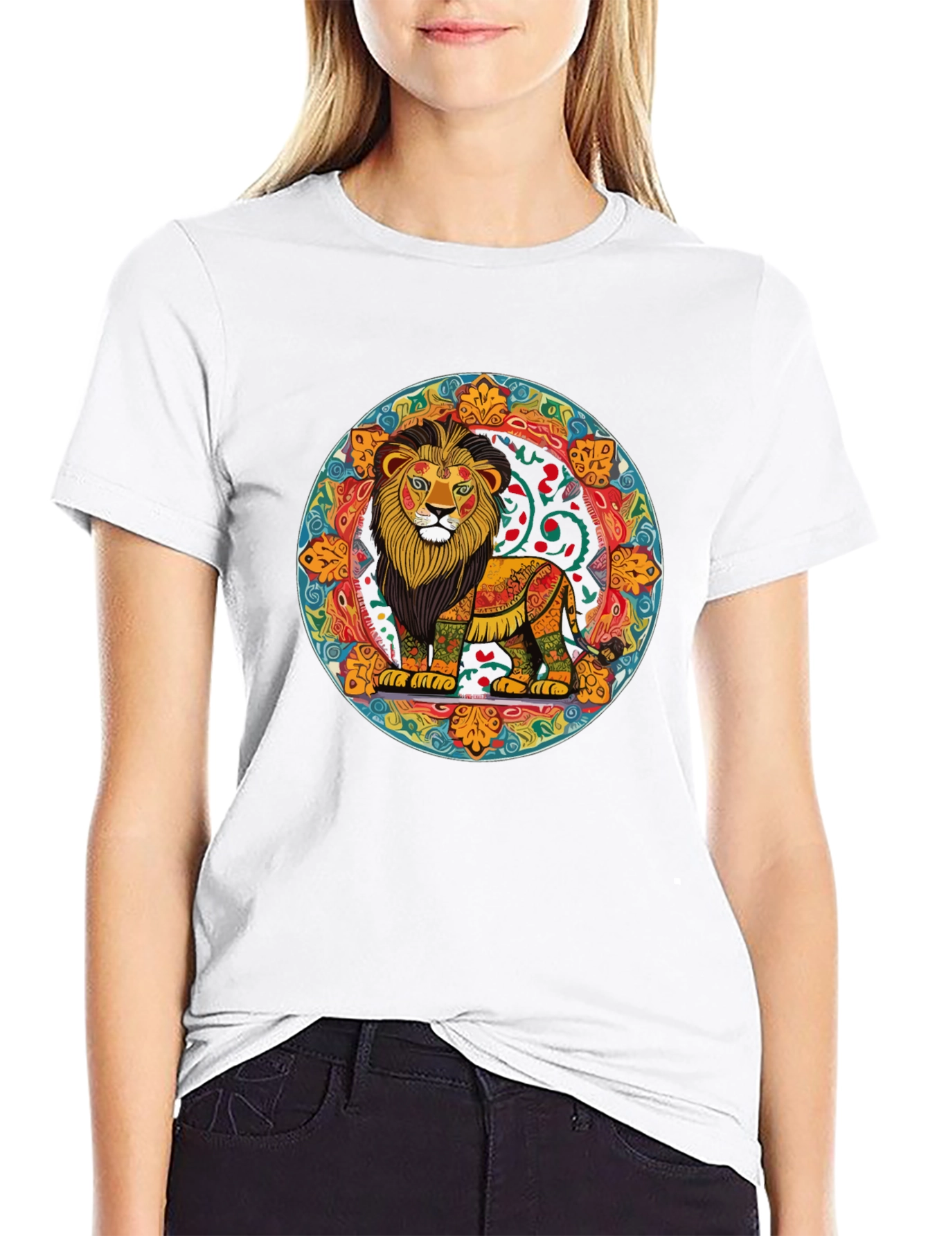 Vibrant Lion Mandala Graphic Tee - Stylish Mens Shirt
