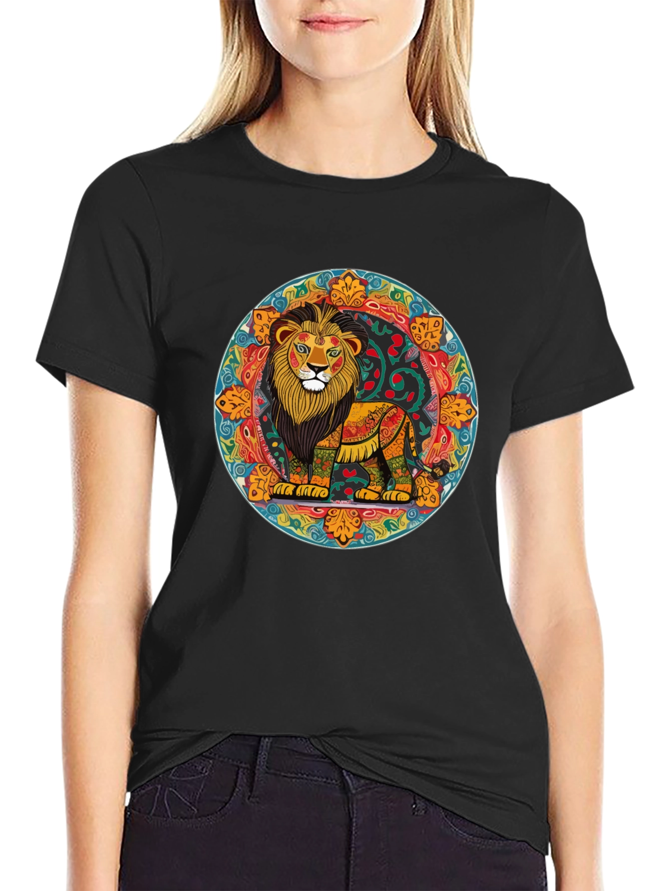 Vibrant Lion Mandala Graphic Tee - Stylish Mens Shirt