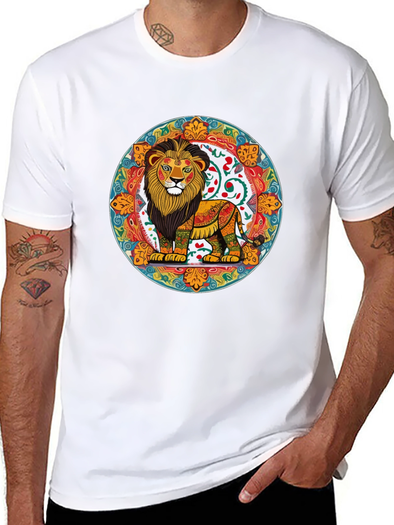 Vibrant Lion Mandala Graphic Tee - Stylish Mens Shirt
