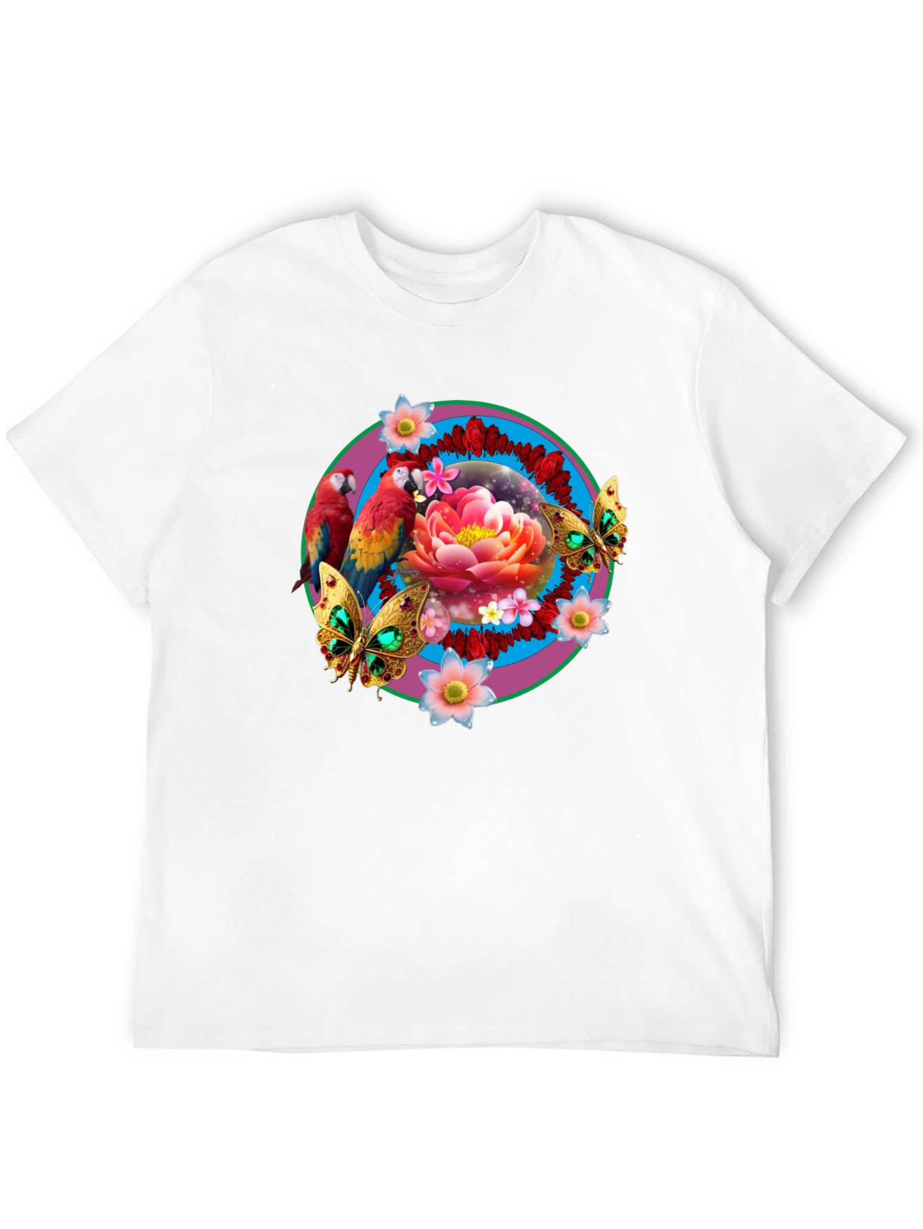 Floral & Fauna T-Shirt: Parrot Lotus Butterfly Design