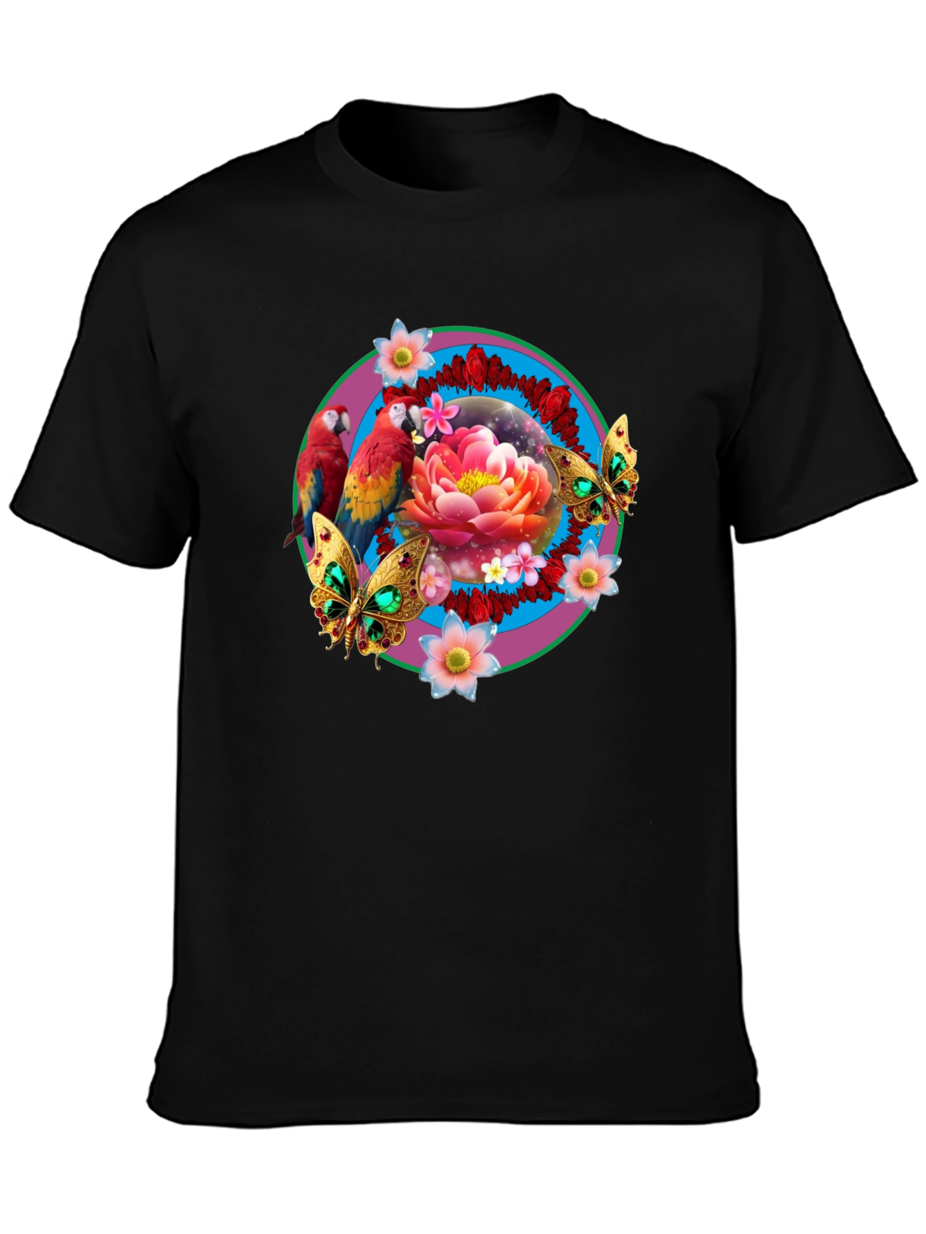 Floral & Fauna T-Shirt: Parrot Lotus Butterfly Design
