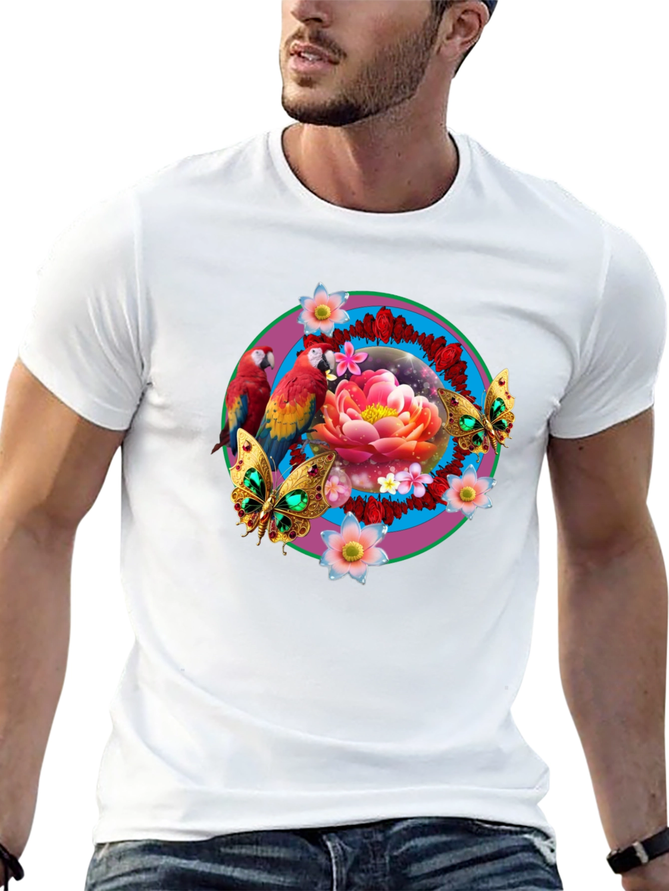 Floral & Fauna T-Shirt: Parrot Lotus Butterfly Design