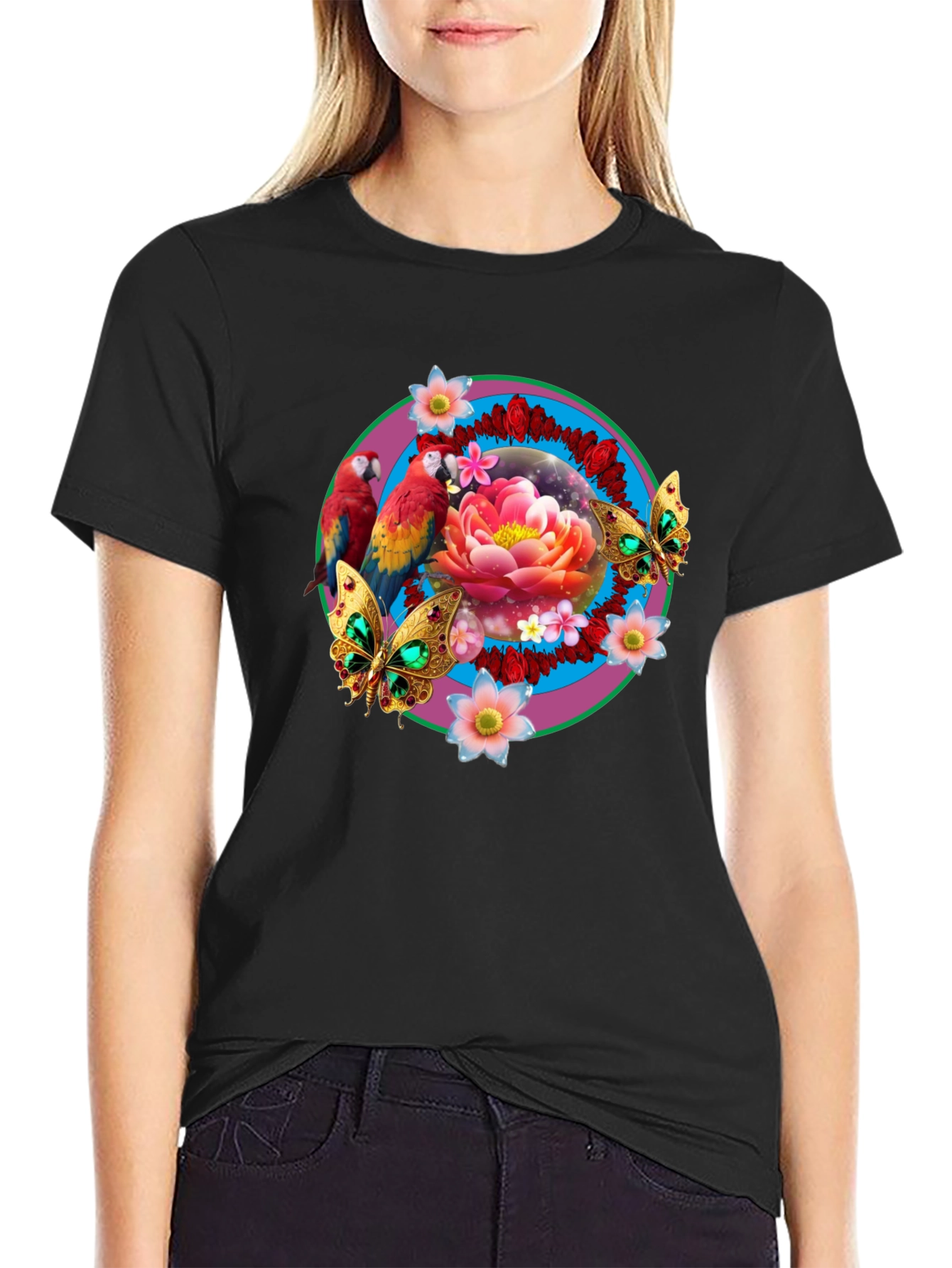 Floral & Fauna T-Shirt: Parrot Lotus Butterfly Design