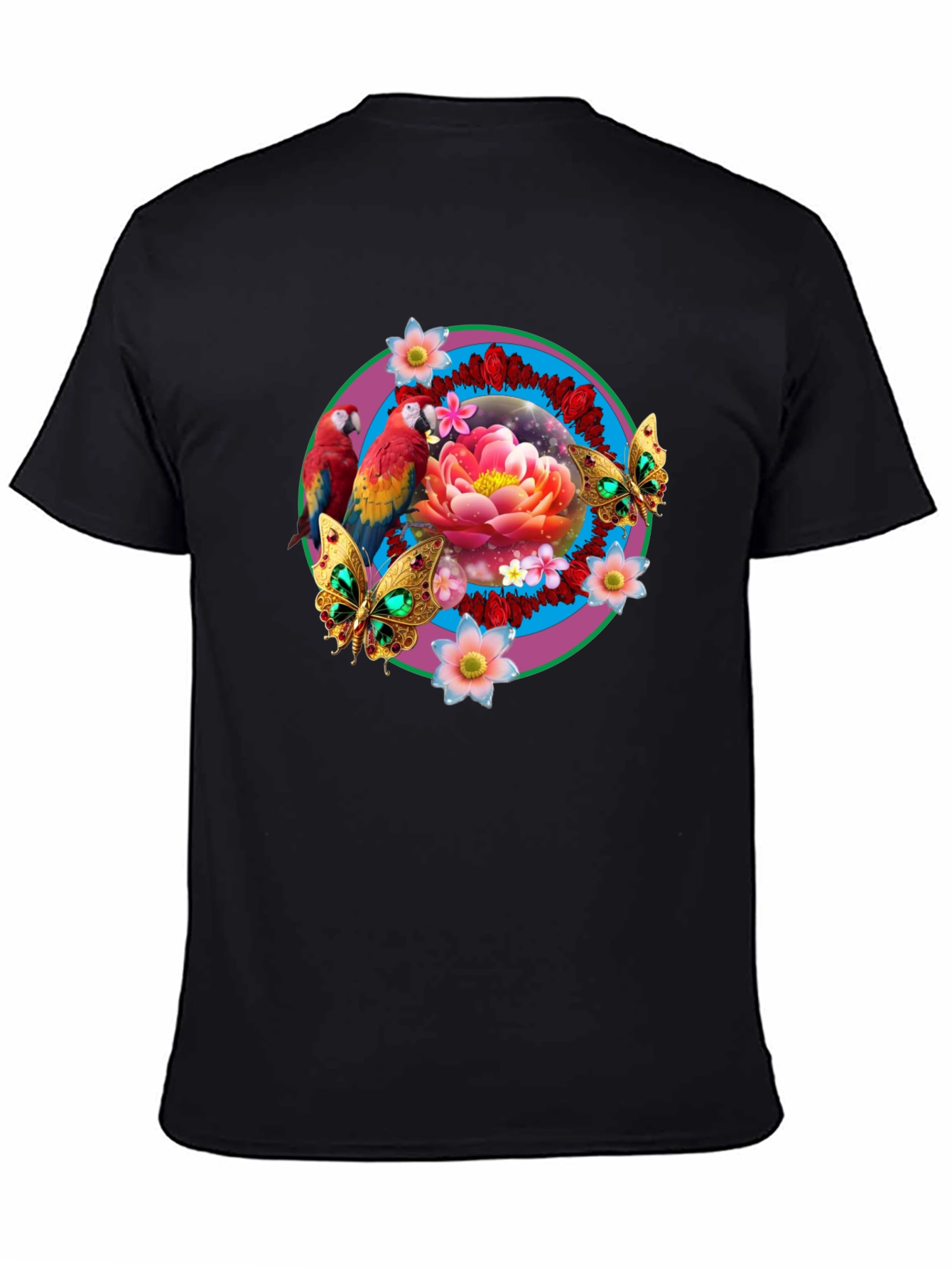 Floral & Fauna T-Shirt: Parrot Lotus Butterfly Design