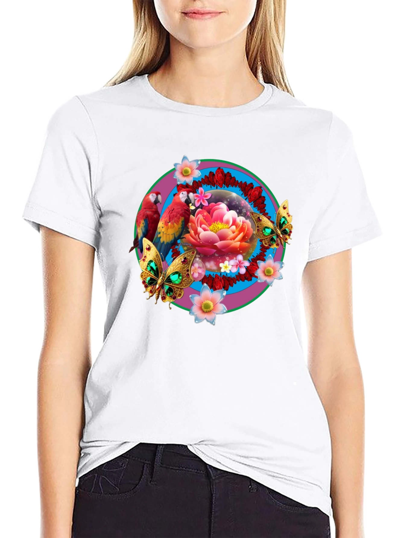 Floral & Fauna T-Shirt: Parrot Lotus Butterfly Design