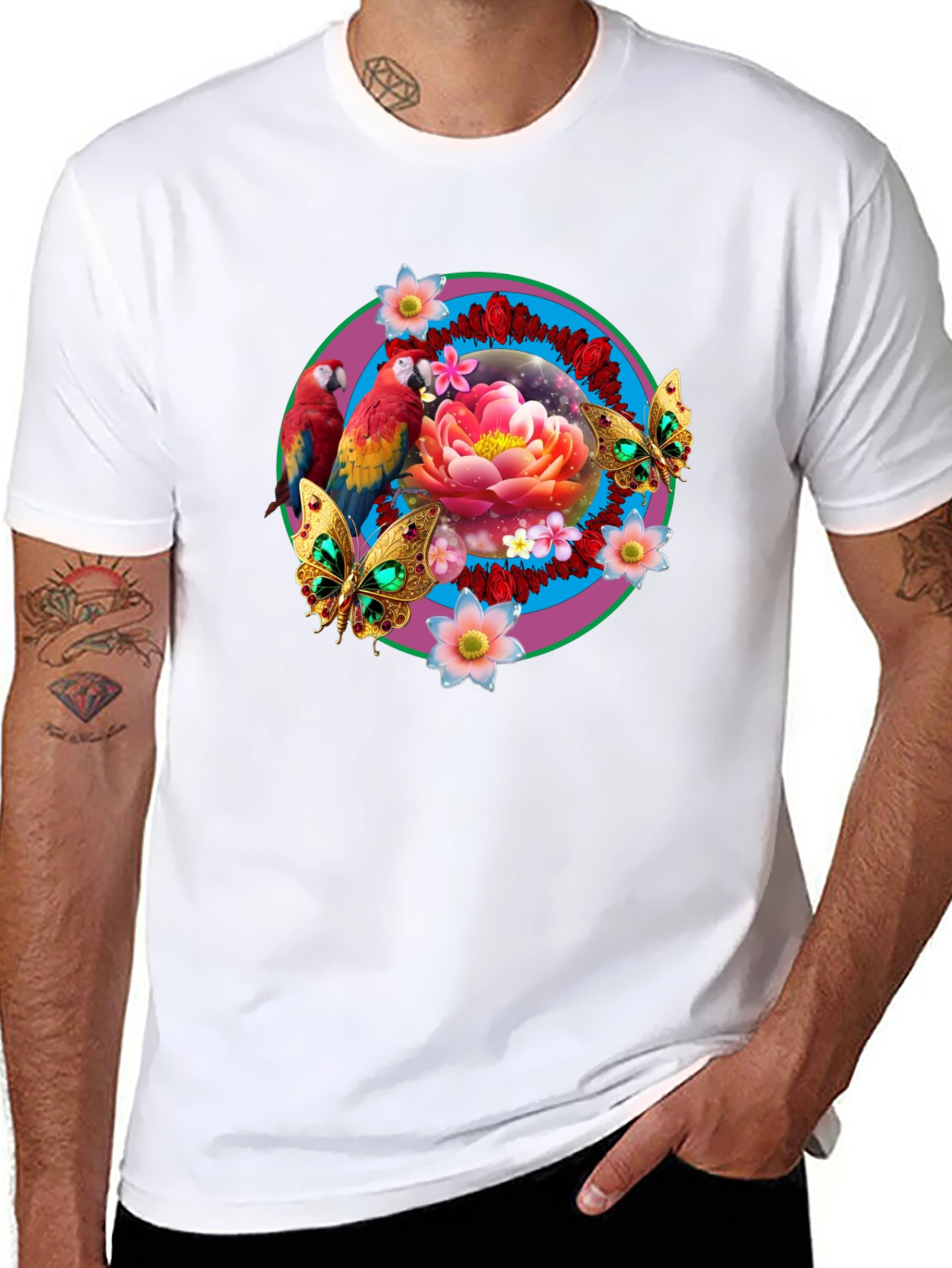 Floral & Fauna T-Shirt: Parrot Lotus Butterfly Design