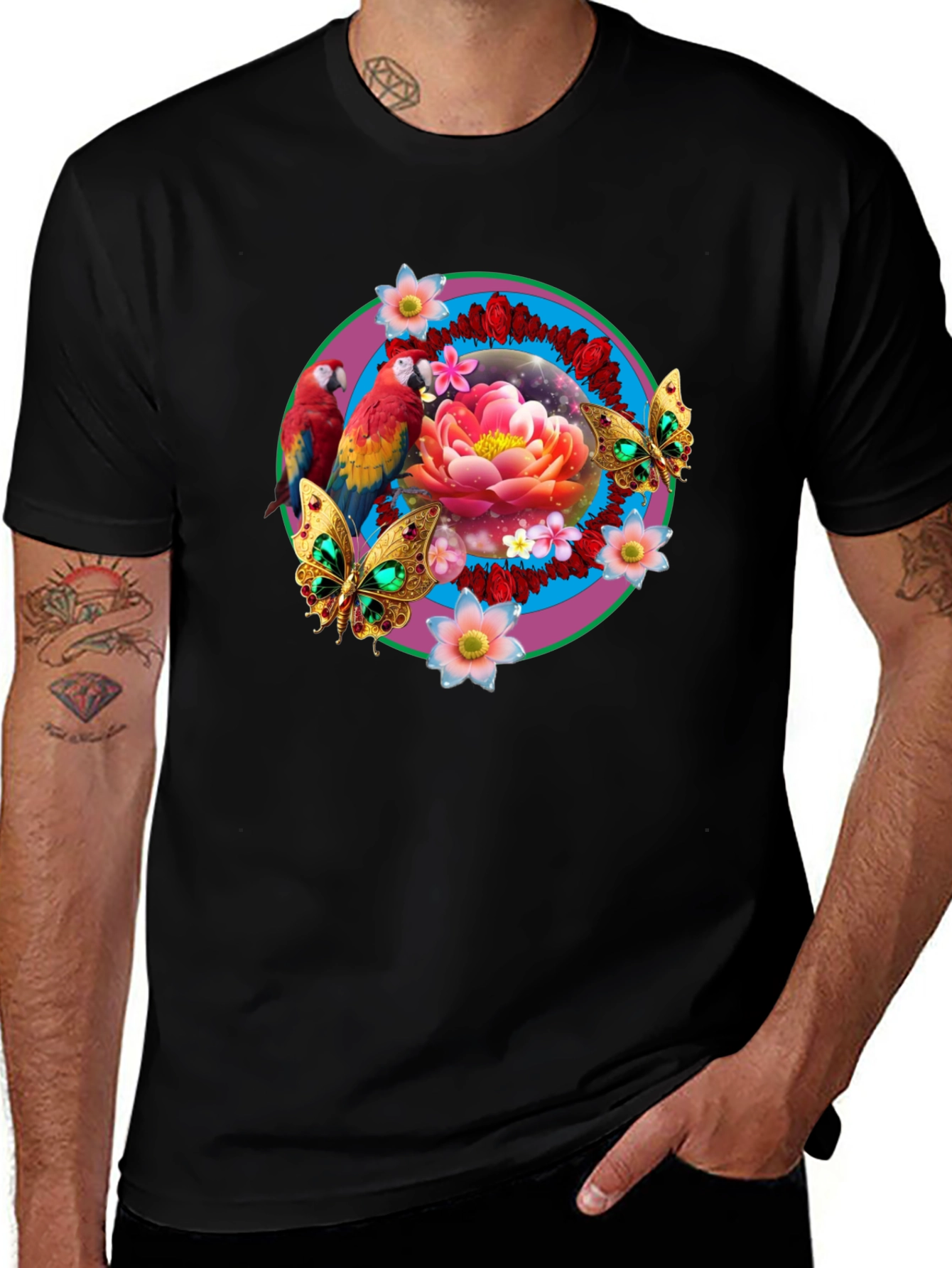 Floral & Fauna T-Shirt: Parrot Lotus Butterfly Design