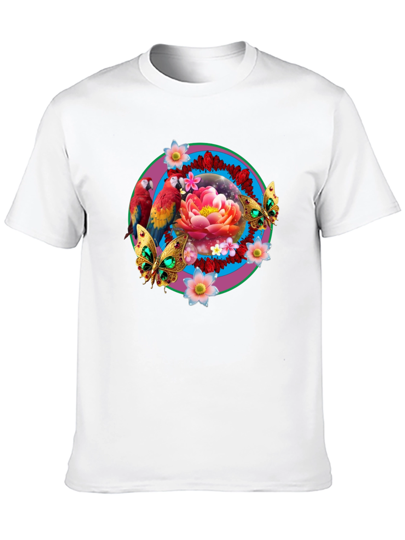 Floral & Fauna T-Shirt: Parrot Lotus Butterfly Design