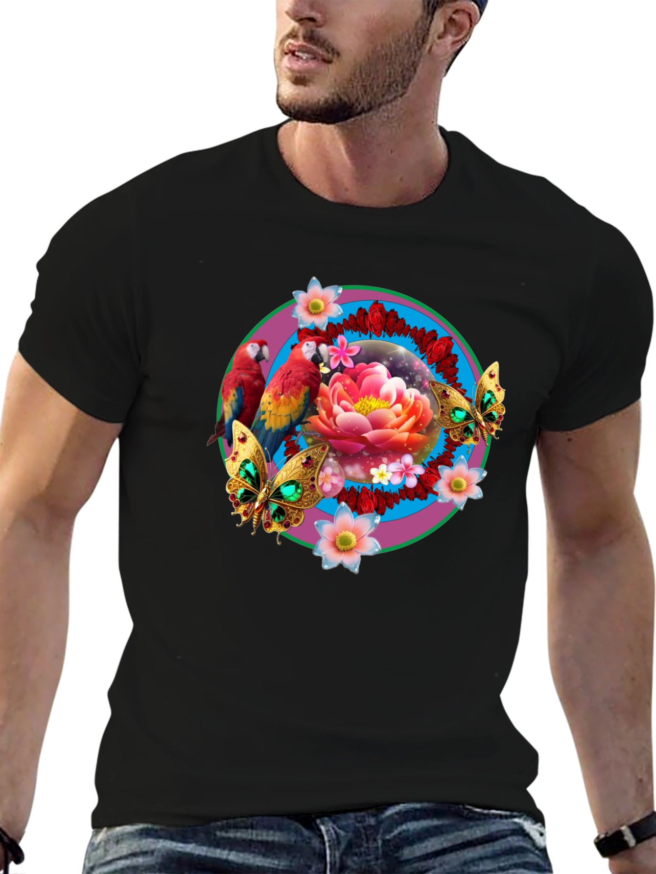 Floral & Fauna T-Shirt: Parrot Lotus Butterfly Design