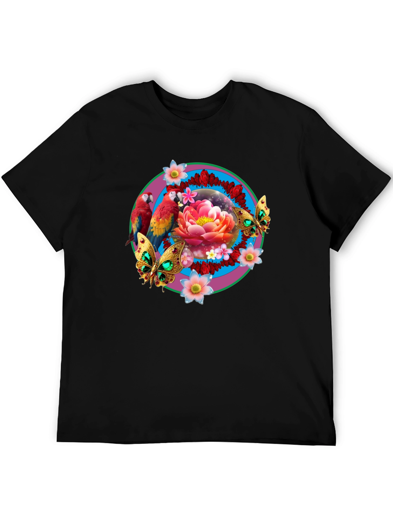 Floral & Fauna T-Shirt: Parrot Lotus Butterfly Design