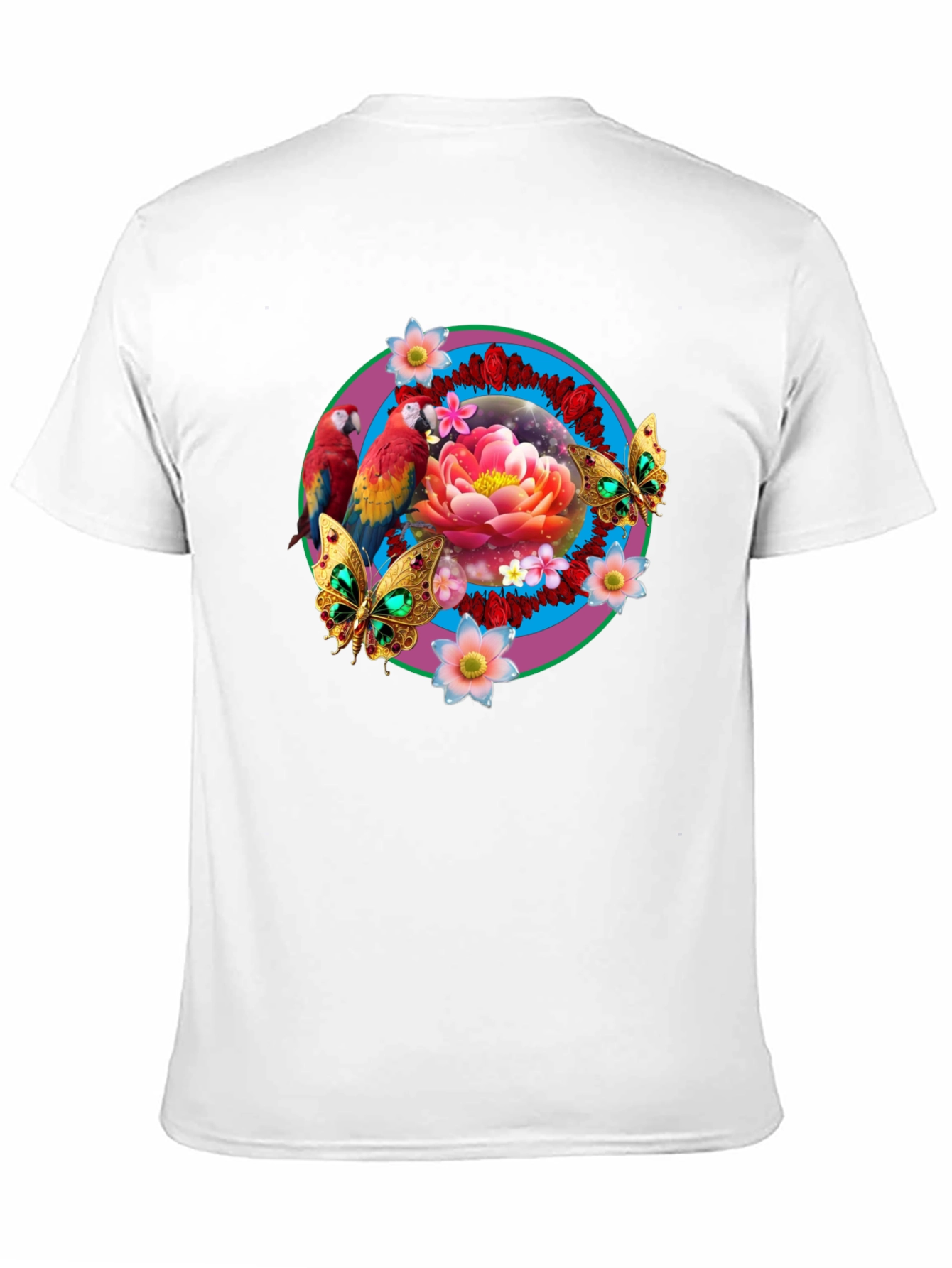 Floral & Fauna T-Shirt: Parrot Lotus Butterfly Design